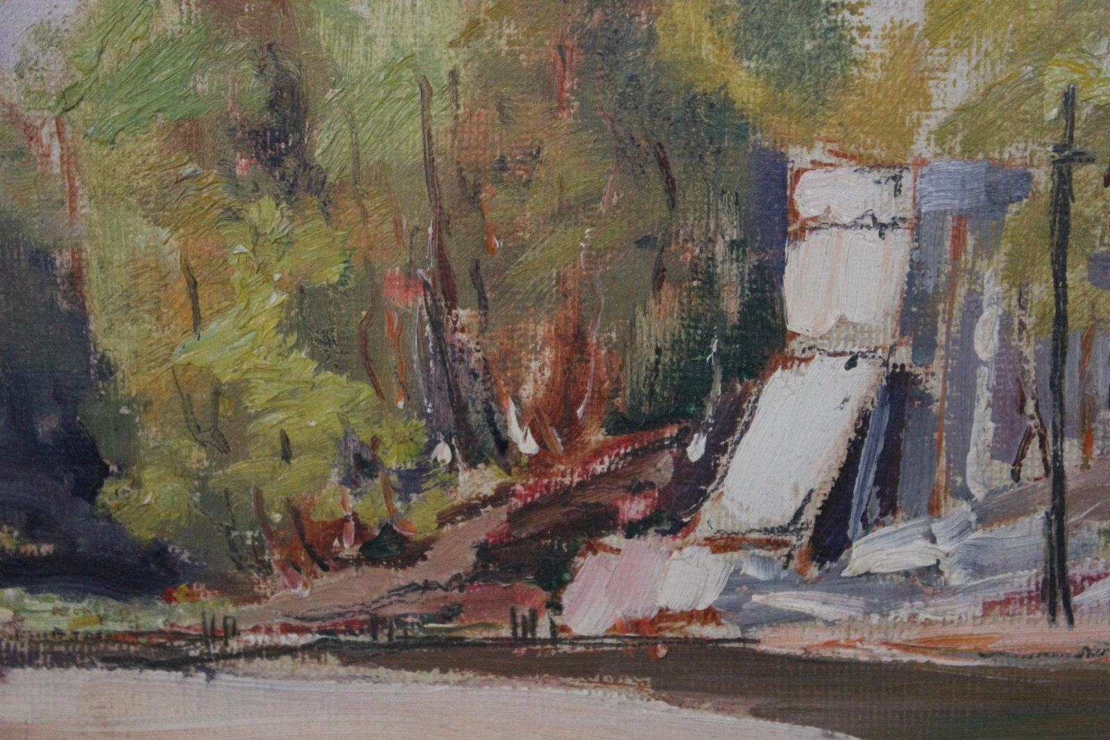 Impressionist Summer River Landscape with Boats Mid Century Oil Painting - 3