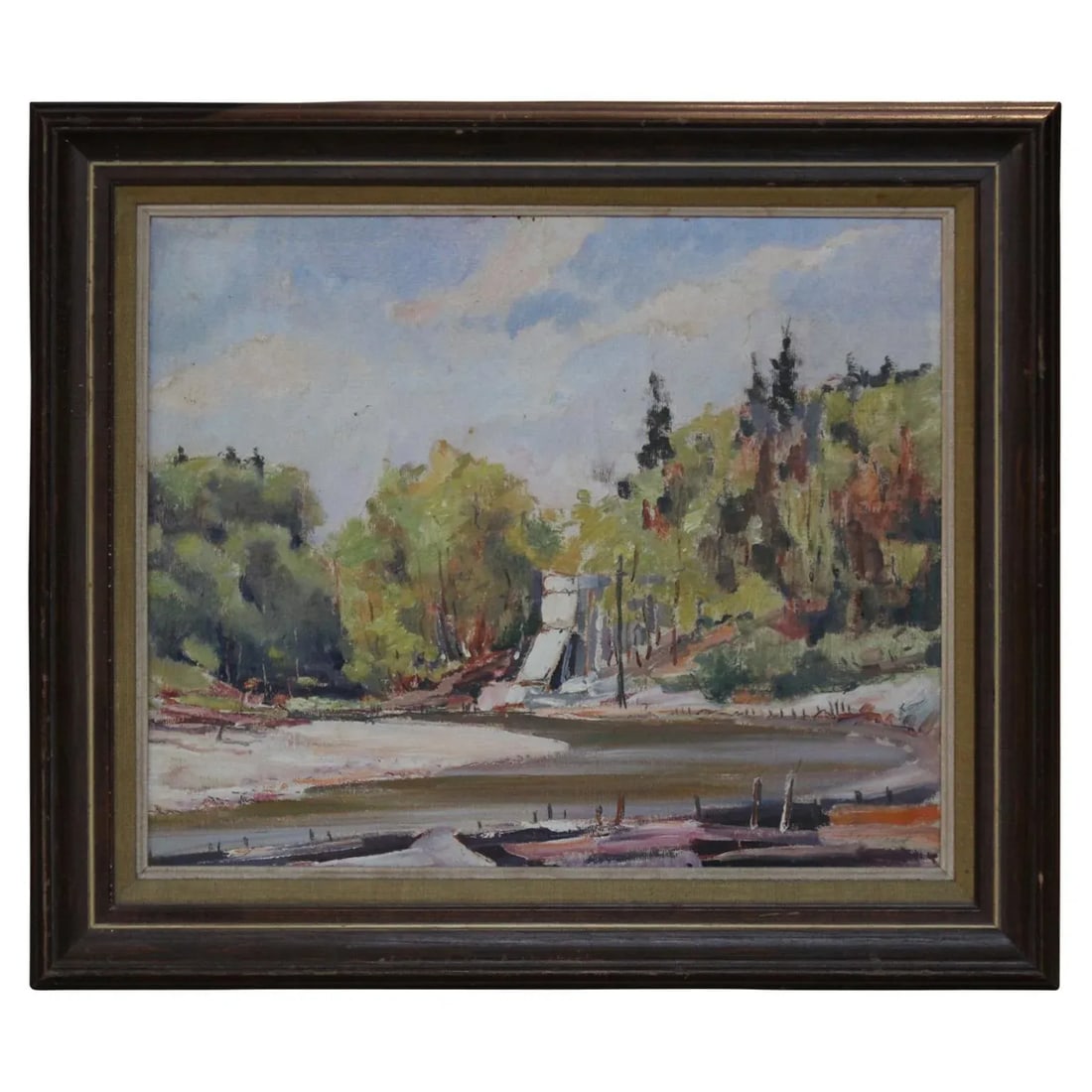 Impressionist Summer River Landscape with Boats Mid Century Oil Painting - 6