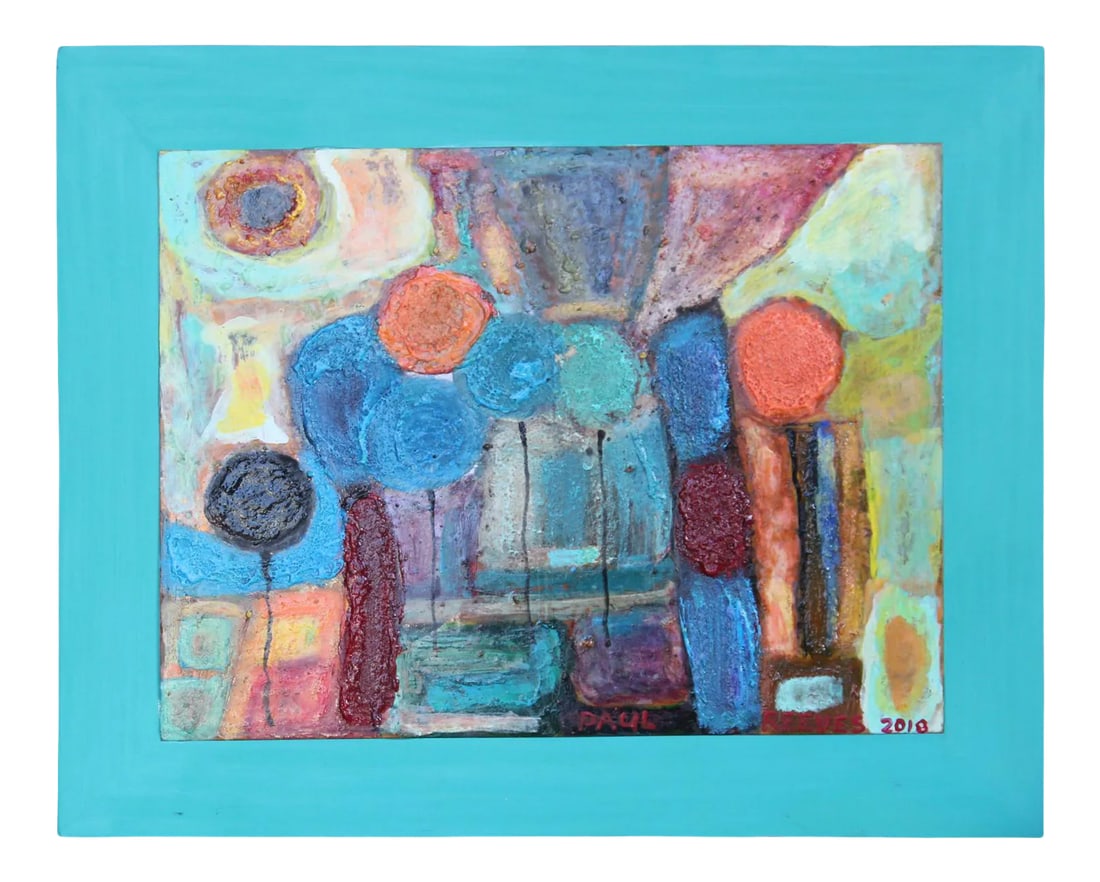 Paul Reeves Colorful Abstract Landscape Painting of Balloons 2018: Colorful abstract landscape painting of balloons by Texas artist Paul Reeves, dated 2018. Painted with acrylic paint on top of a heated copper canvas. Dimensions Without Frame: H 9 in. x W 12 in.