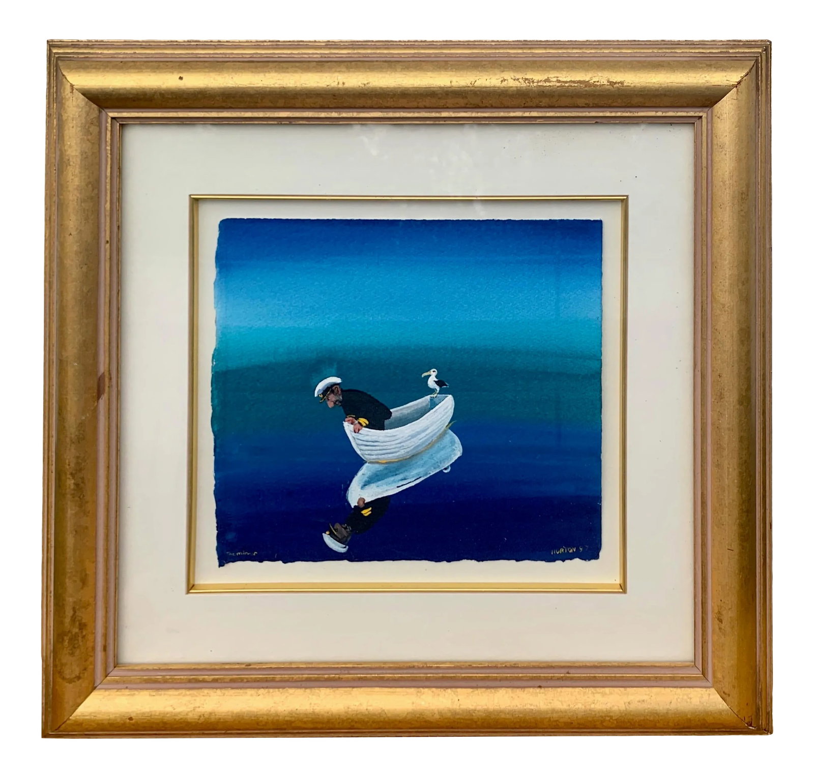 Helen Norton 1997 "The Mirror" Gouache Watercolor in Gold Frame: Original Painting Watercolour and Gouche on Fine Art Paper by artist Helen Norton Of Melbourne, Victoria. It was part of her QE2 series in 1997. This Austraiian folklore painting uses watercolor and