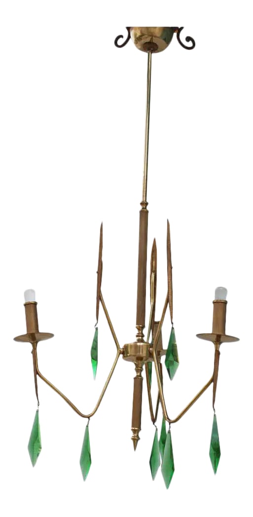 Brass Chandelier with a Murano Handcut Emerald Glass: Midcentury Italian chandelier, brass base and handcut Emerald glass Condition: Alterations: Unknown Imperfections: Some Imperfections Condition Notes: Good Wear consistent with age and use. original v