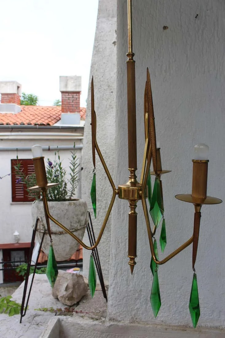 Brass Chandelier with a Murano Handcut Emerald Glass - 2