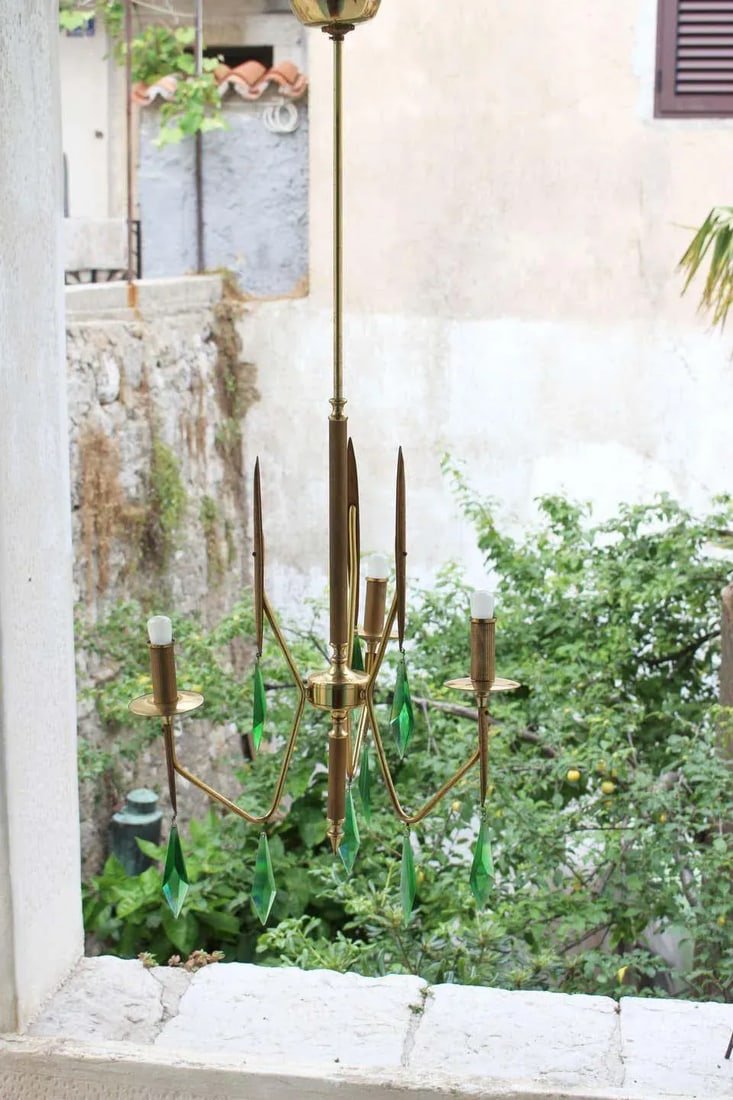 Brass Chandelier with a Murano Handcut Emerald Glass - 4