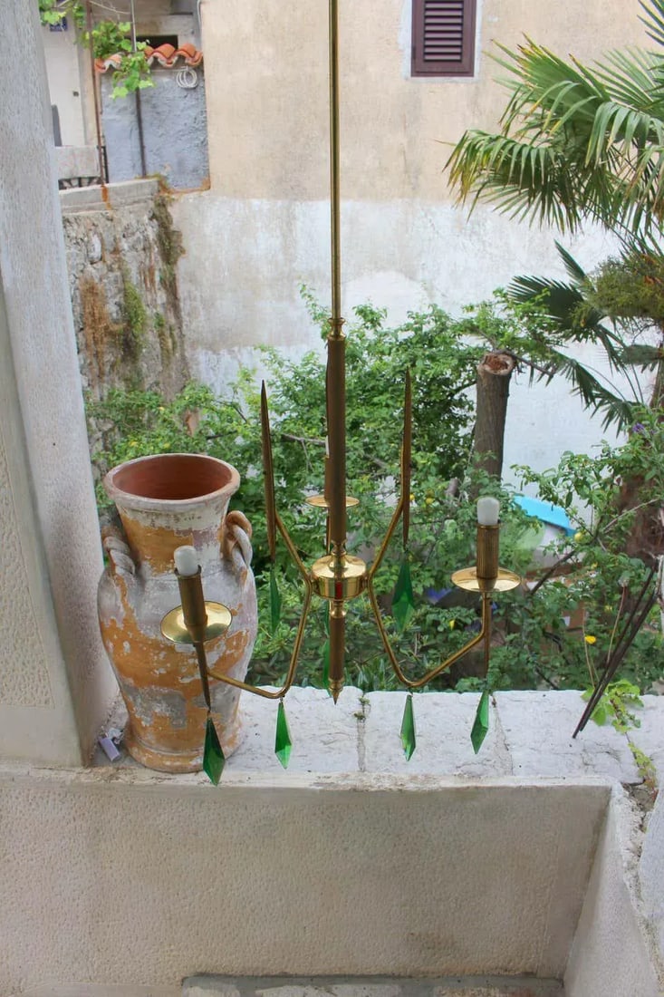 Brass Chandelier with a Murano Handcut Emerald Glass - 5