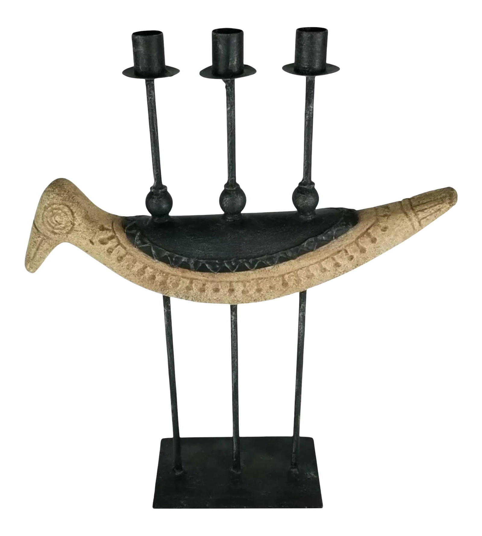 1960s X-Large Danish Modern Wrought Iron & Stone Resin Bird Mantle Candelabra (1 of 3)