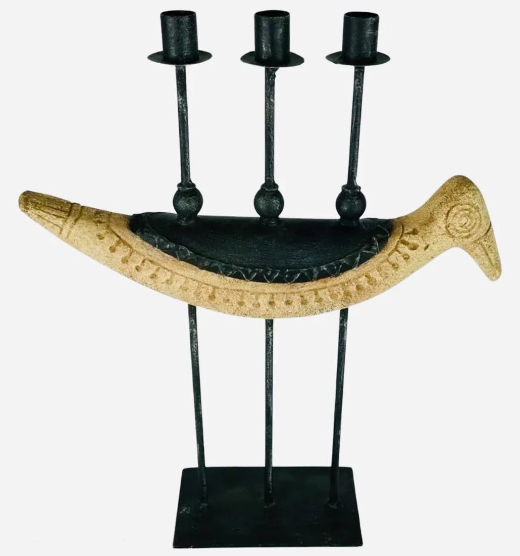 1960s X-Large Danish Modern Wrought Iron & Stone Resin Bird Mantle Candelabra - 2