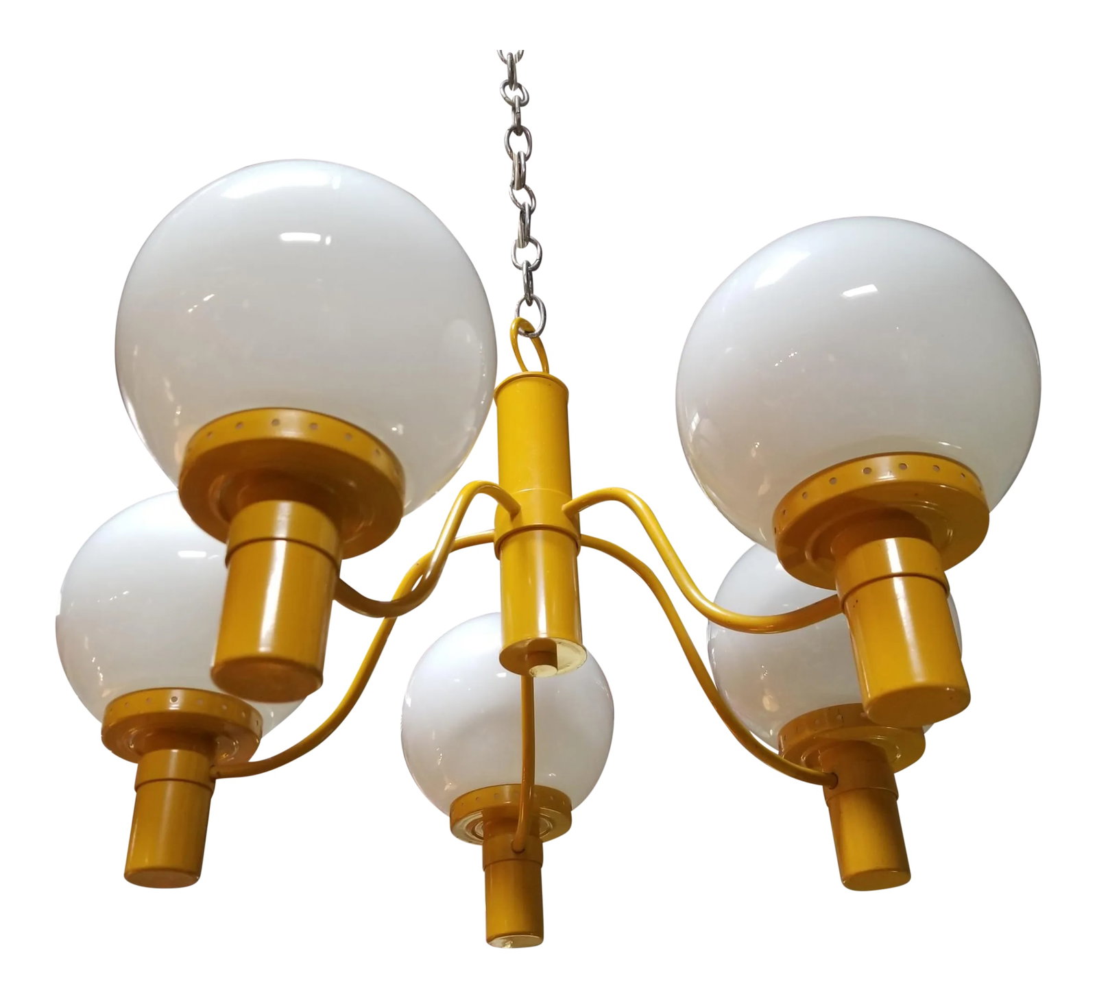 Lightolier Yellow Chandelier Mid-Century Modern: A canary yellow 5 light chandelier / pendant light by Lightolier. Can be installed as a pendant light with use of 8 foot chair or shortened to hang as a chandelier with desired depth achieved by short