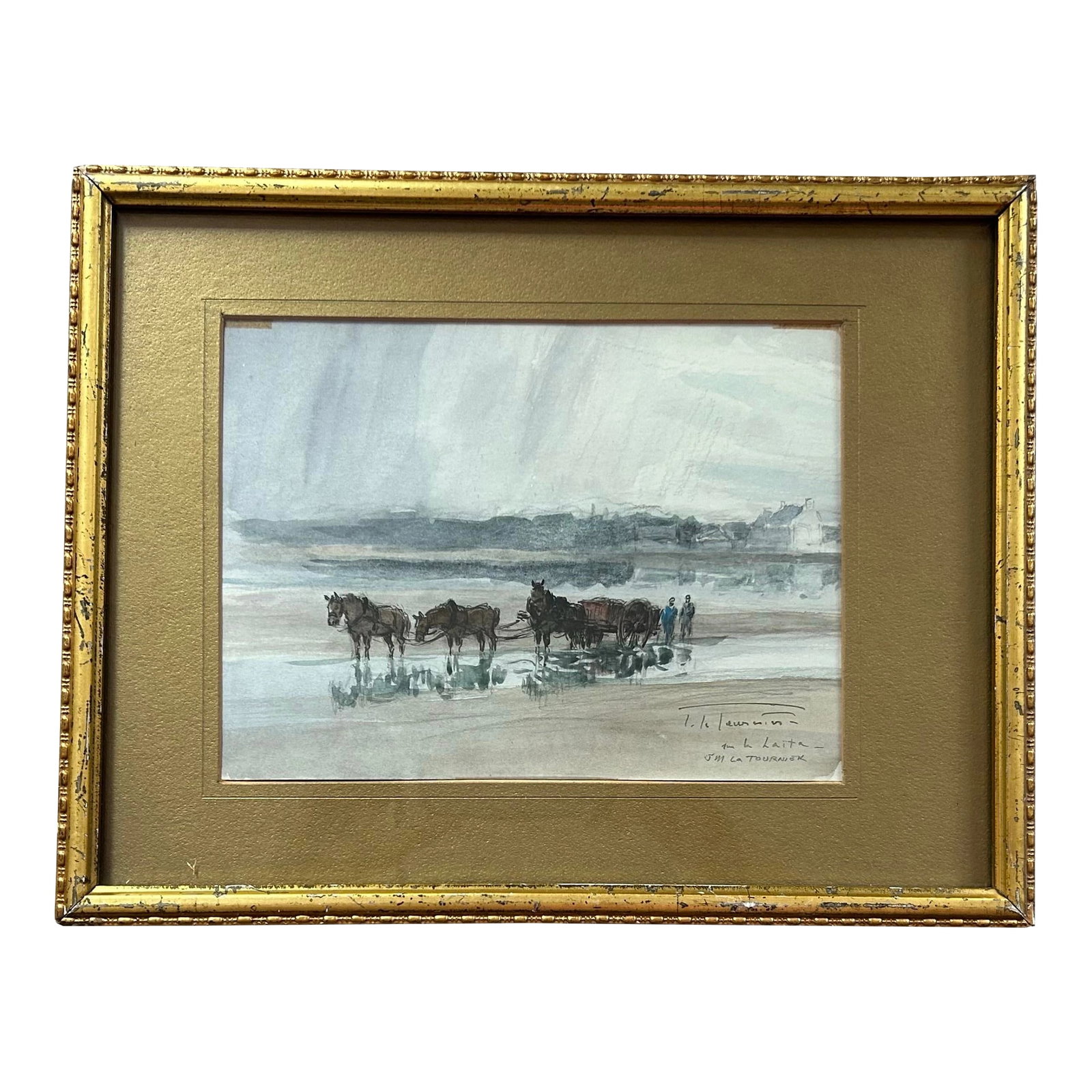 Antique Original Seascape Painting With Horses by French Artist J M Tournier: Antique original gouache seascape with horses and people by listed French artist Joseph Marie LeTournier (1892-1972). Signed to the lower right corner. Behind glass and in antique gilded wood frame. C