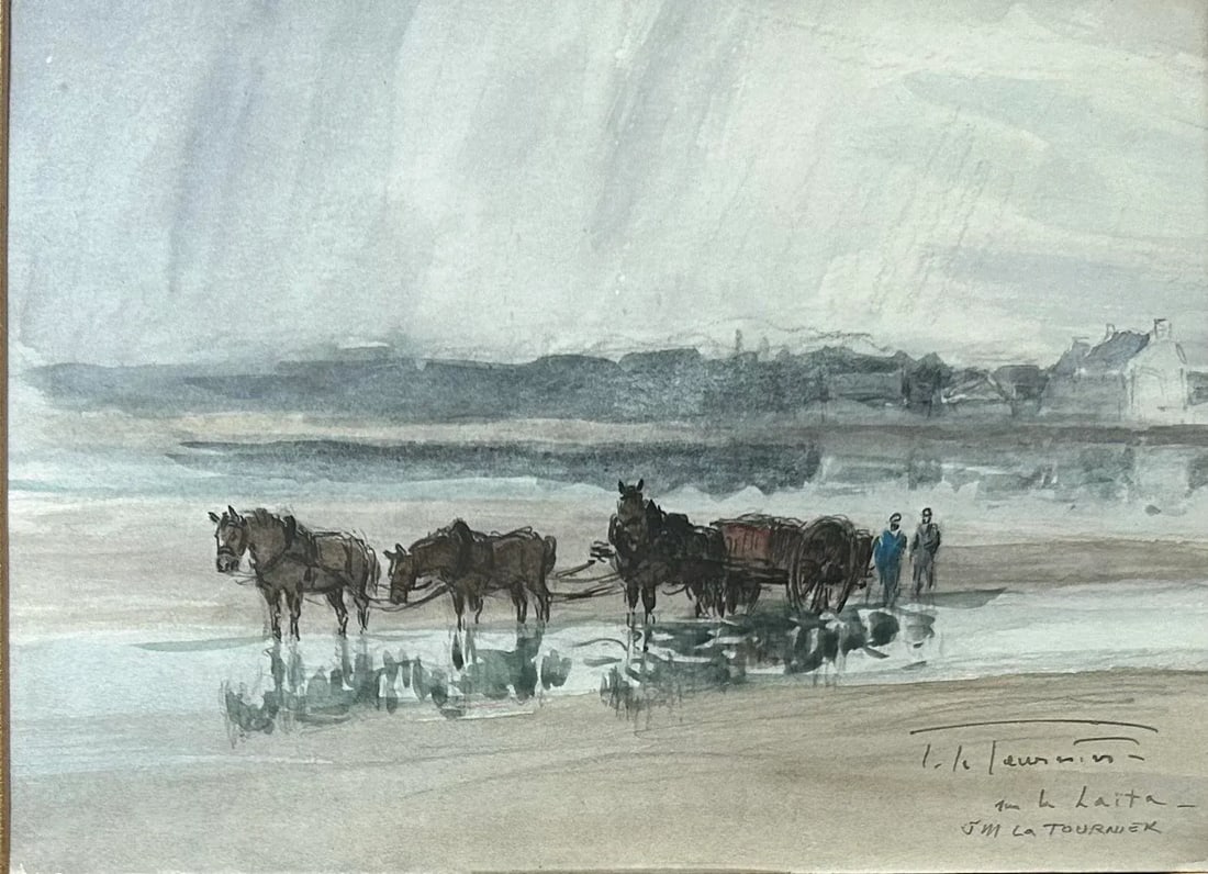 Antique Original Seascape Painting With Horses by French Artist J M Tournier - 4