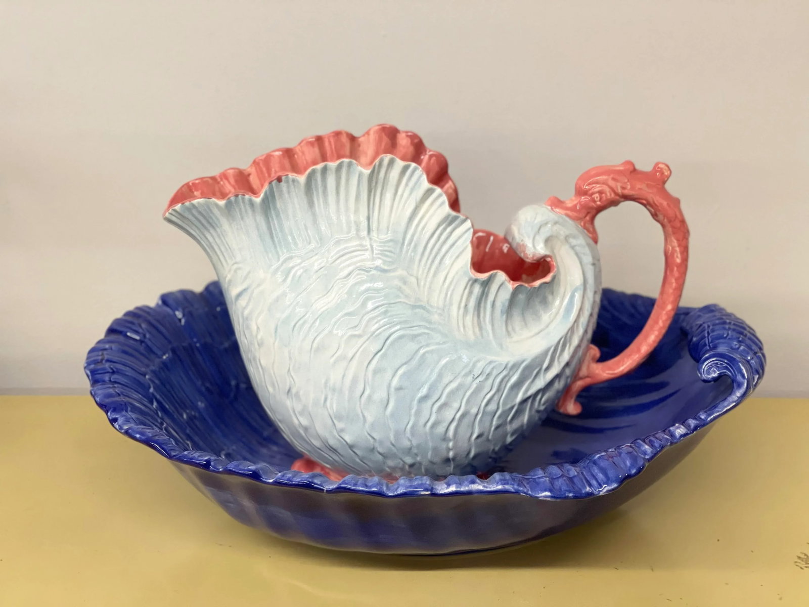 Vintage Victorian Ironstone Seashell Wash Basin & Pitcher - 2 Pieces - 13