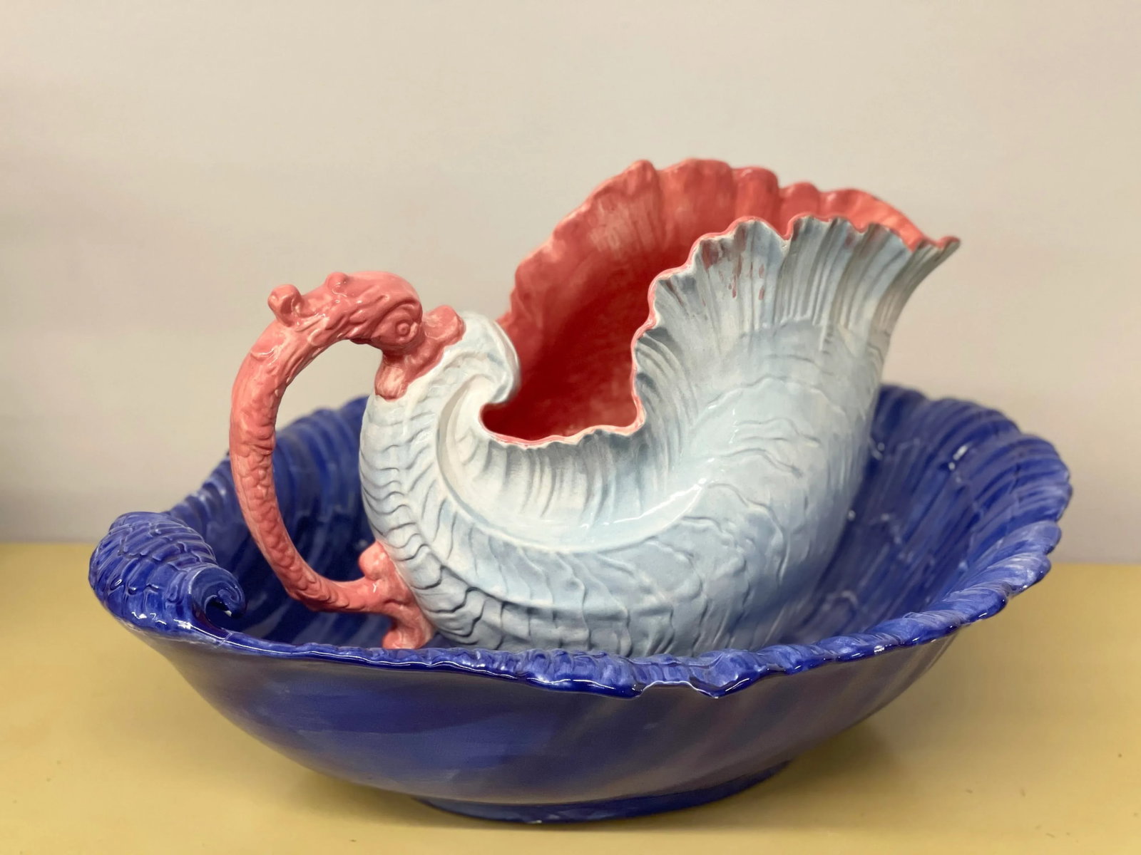 Vintage Victorian Ironstone Seashell Wash Basin & Pitcher - 2 Pieces - 6