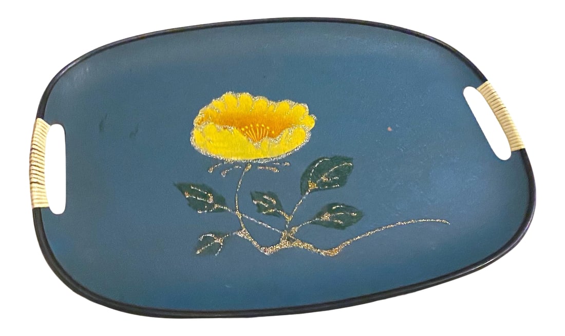 Vintage Mid-Century Turquoise Fiberboard Large Oval Serving Tray: A funky turquoise tray with a yellow flower and a gold sparkly stem and sparkly green leaves. The front is in great condition but the back shows some wear. Condition: Alterations: Original Condition U