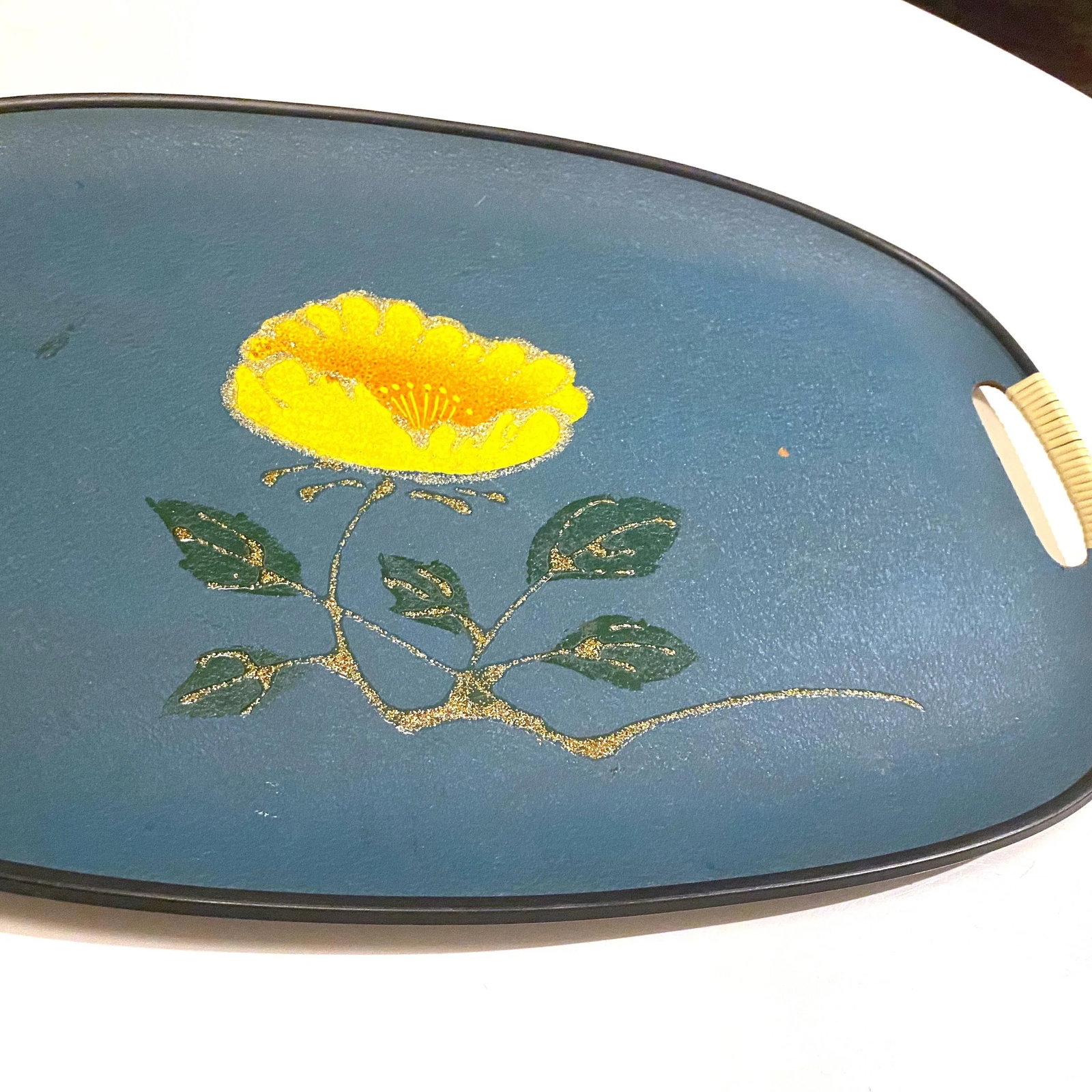 Vintage Mid-Century Turquoise Fiberboard Large Oval Serving Tray - 4