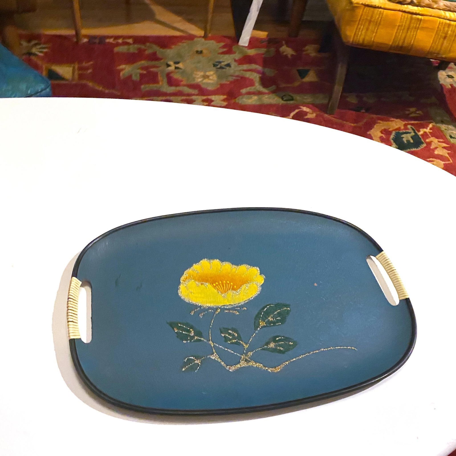 Vintage Mid-Century Turquoise Fiberboard Large Oval Serving Tray - 8