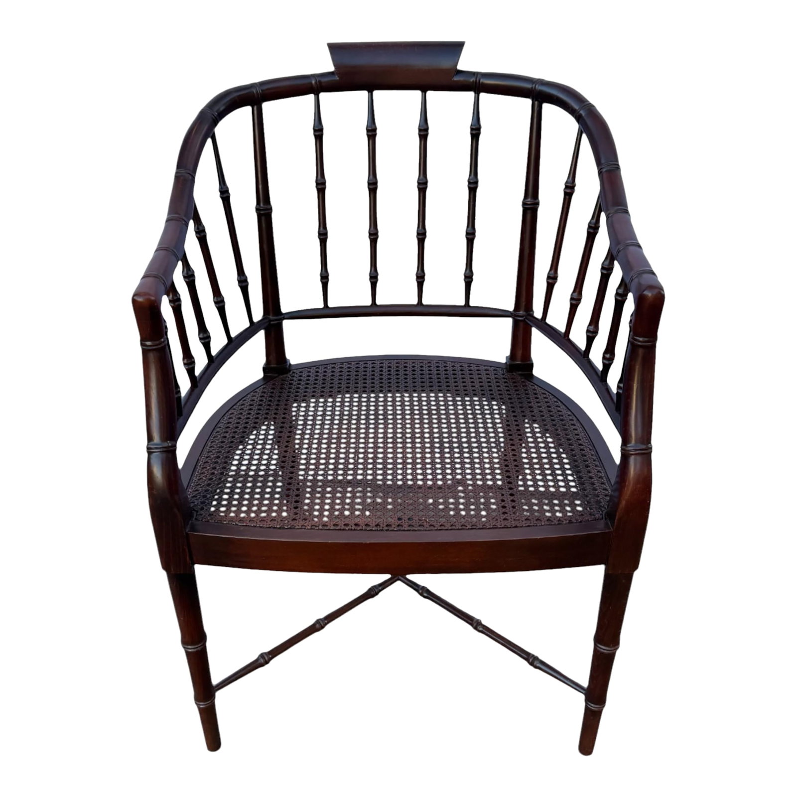 Mid 20th Century Vintage Century Furniture Faux Bamboo Caned Seat Regency Style Tub Chair: Beautiful newly refinished Century Furniture mid century regency style faux bamboo with caned seat tub chair. Gorgeous statement accent piece. Condition: Alterations: Restored Imperfections: Some