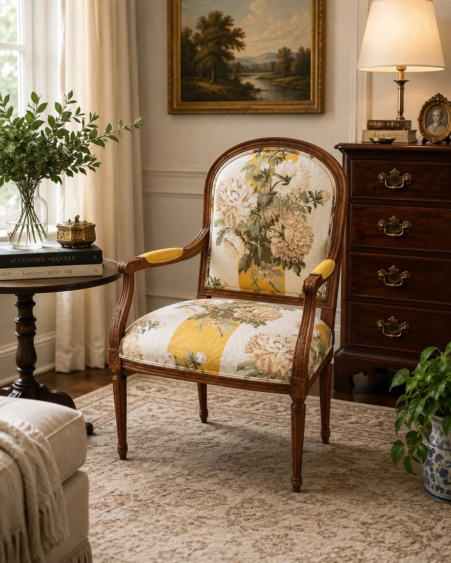 1990s Ethan Allen French Provincial Louis XV Style Armchair With Floral Upholstery - 2