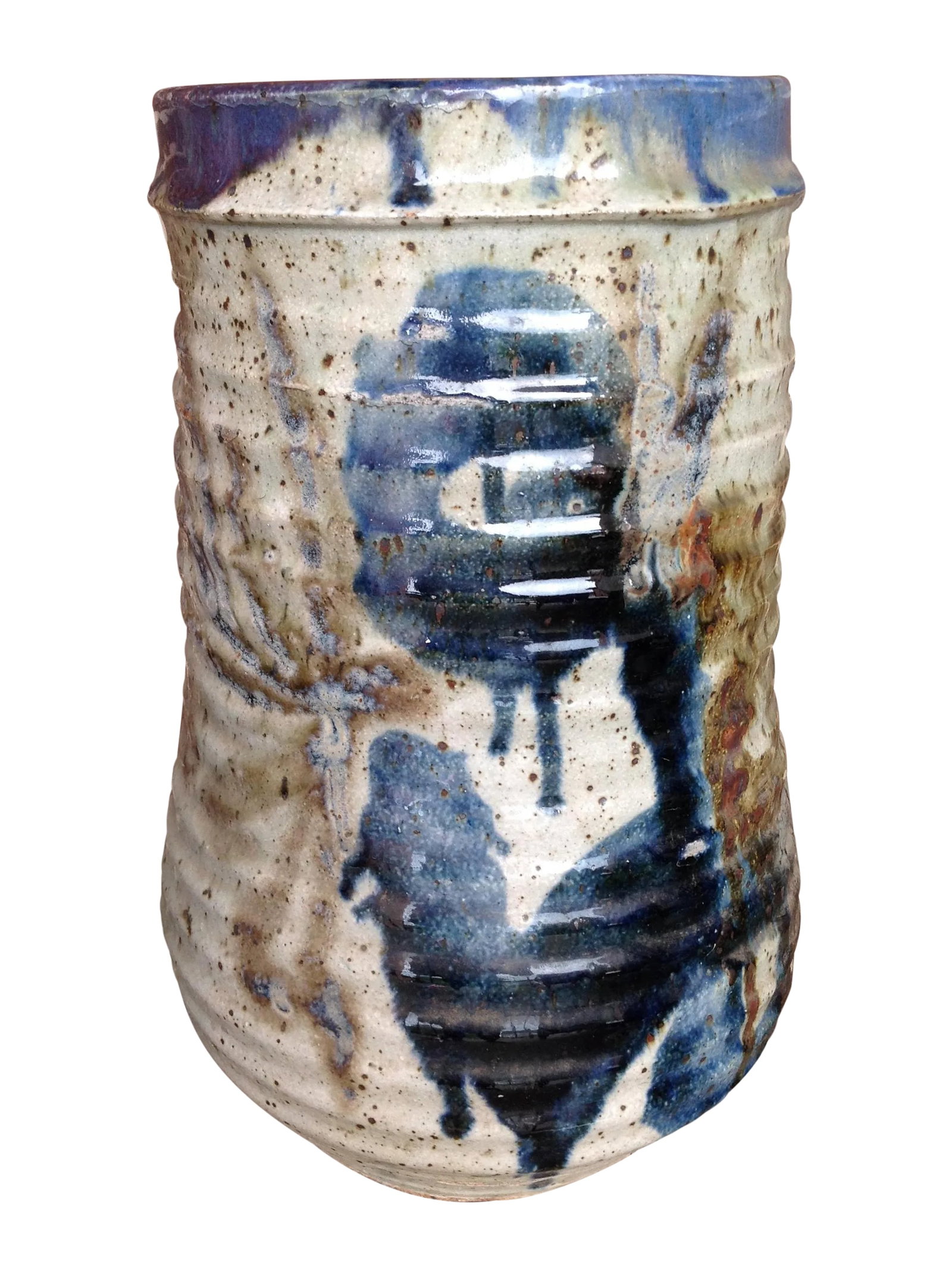 1970s Studio Pottery Floor Vase: One-of-a-kind pottery vase made in the 1970s and signed by the artist. Very heavy, with an abstract design in muted pinks,and bright blues on a cream-and-brown speckled background. Bright purple inter