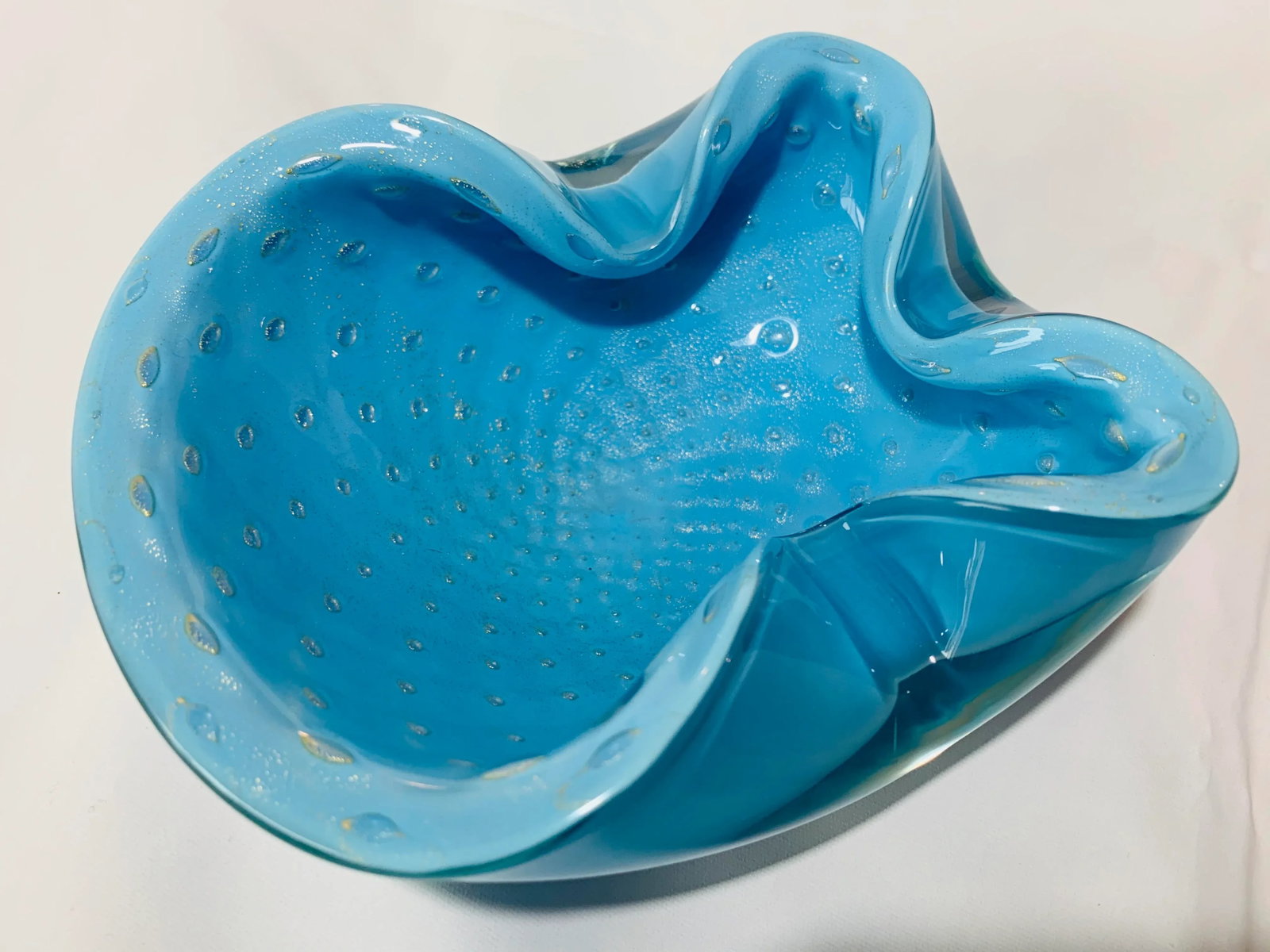 1950s Vintage Alfredo Barbini Murano Bullicante Turquoise Blue and Gold Fleck Cased Art Glass Bowl - 13