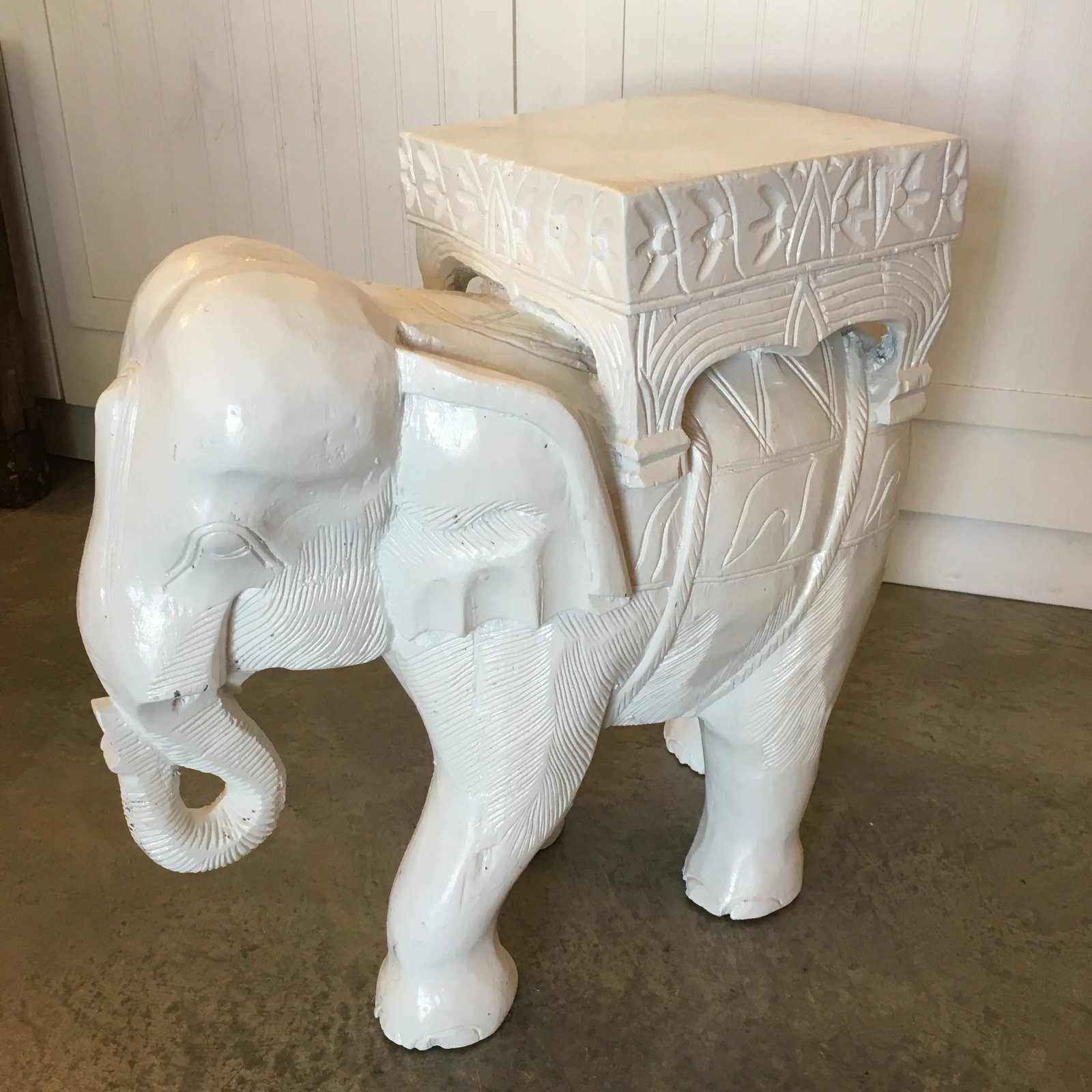 Hollywood Regency White Carved Wood Elephant Side Table/ Stool - 12