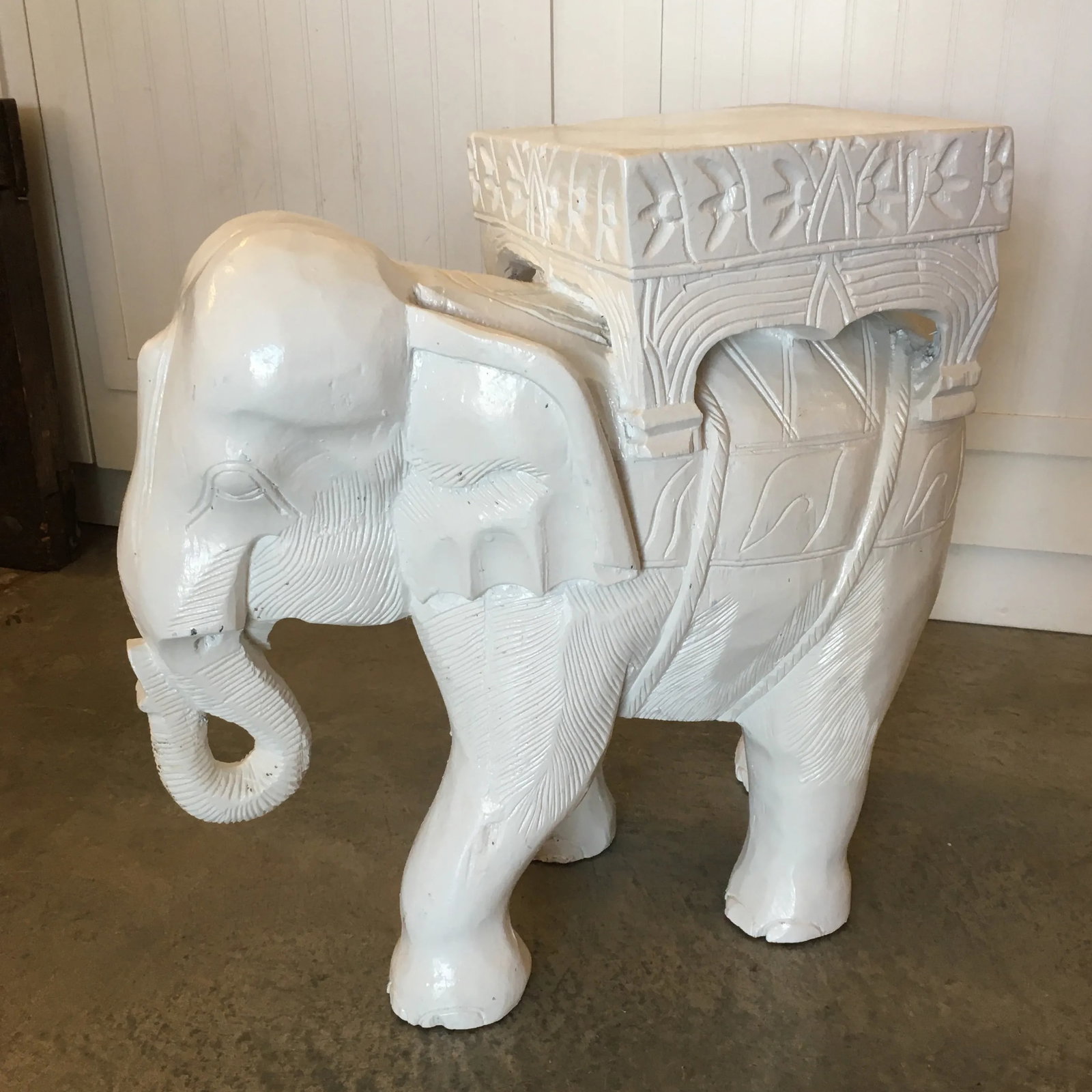 Hollywood Regency White Carved Wood Elephant Side Table/ Stool - 13