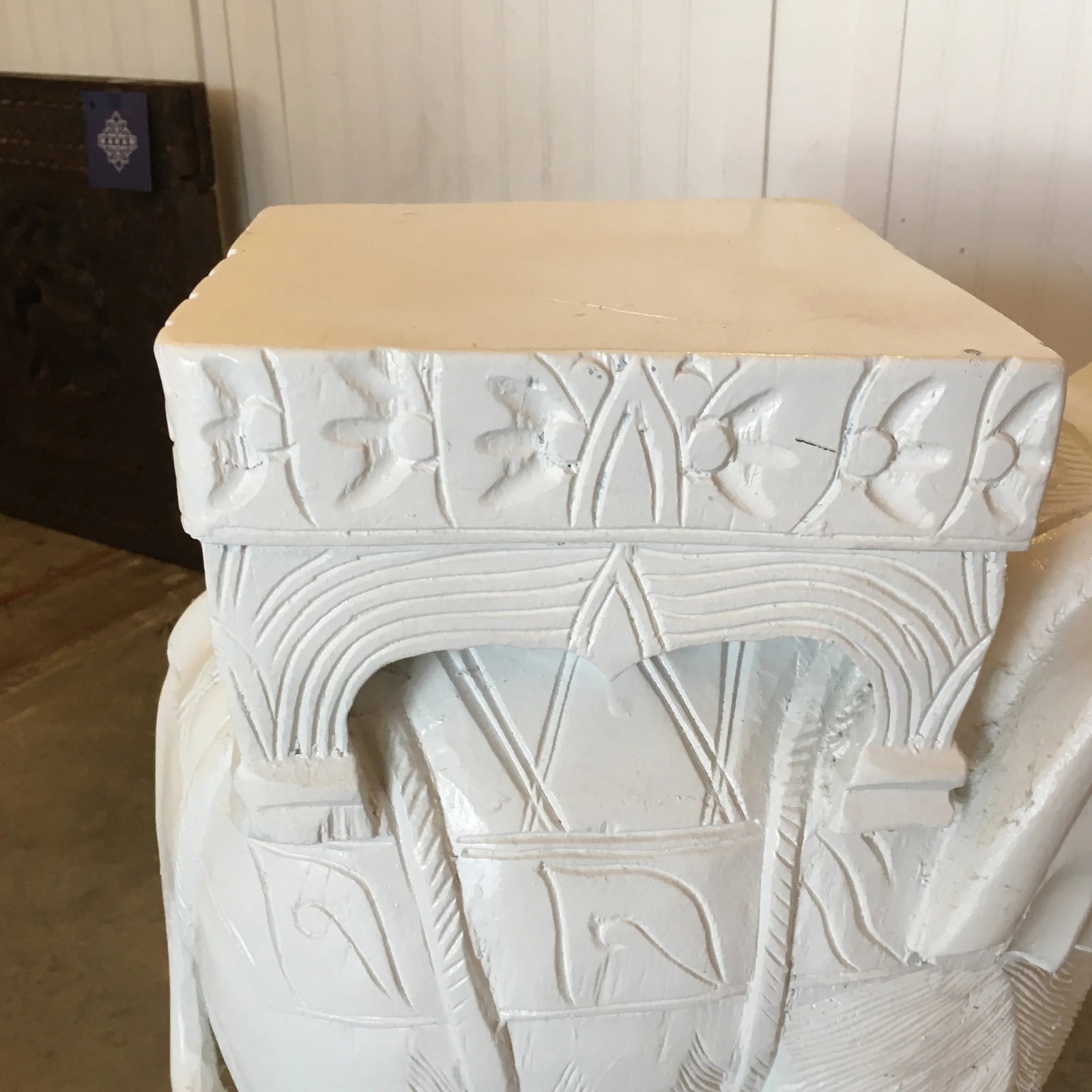 Hollywood Regency White Carved Wood Elephant Side Table/ Stool - 8