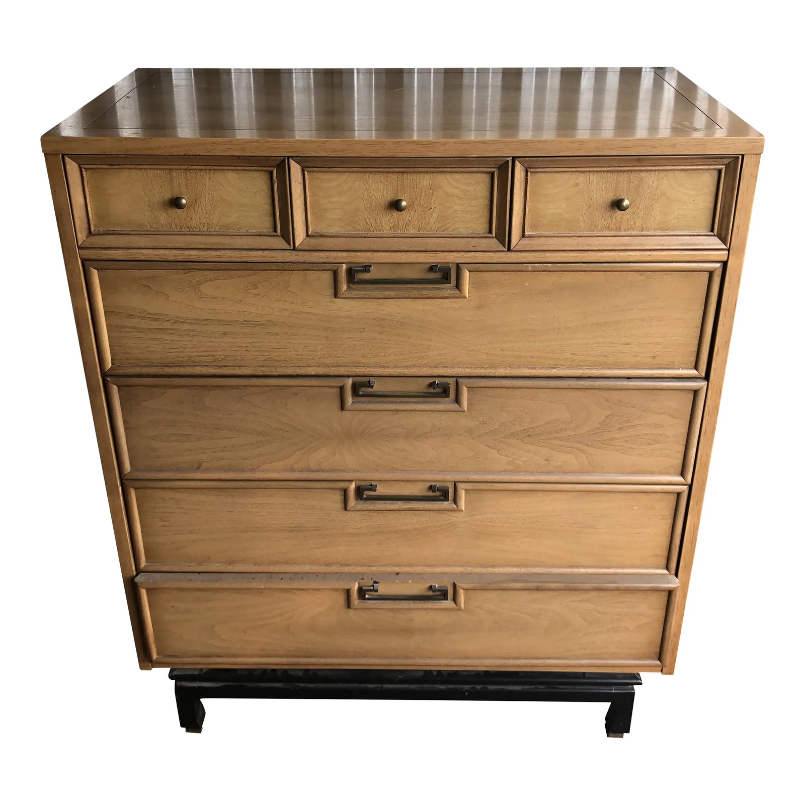 1960s American of Martinsville Pickled Oak Chinoiserie Tall Dresser: American of Martinsville chest of drawers highboy. In original finish of pickled oak/bleached oak chinoiserie Asian style with black legs and brass drop down handles. Condition: Alterations: Original