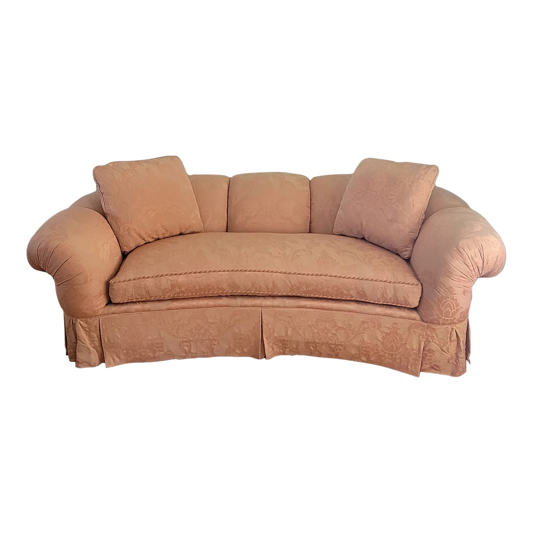 Vintage Baker Furniture Curved Sofa in Peach Damask Upholstery (1 of 5)