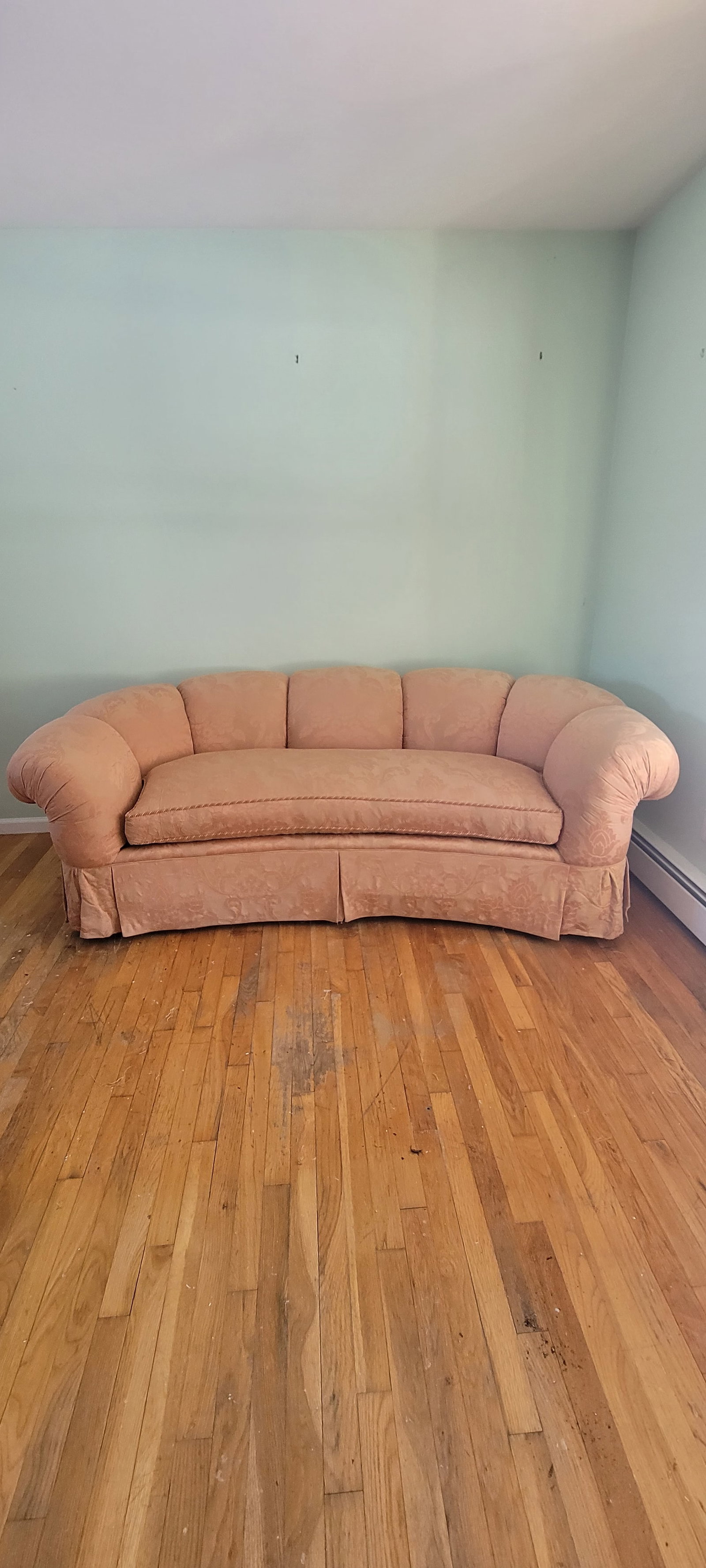 Vintage Baker Furniture Curved Sofa in Peach Damask Upholstery - 3