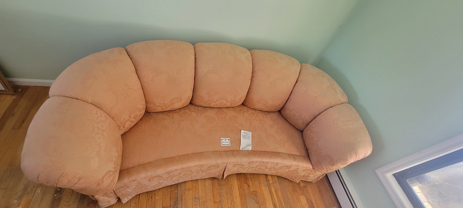 Vintage Baker Furniture Curved Sofa in Peach Damask Upholstery - 4