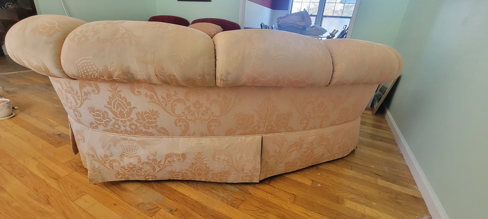 Vintage Baker Furniture Curved Sofa in Peach Damask Upholstery - 5