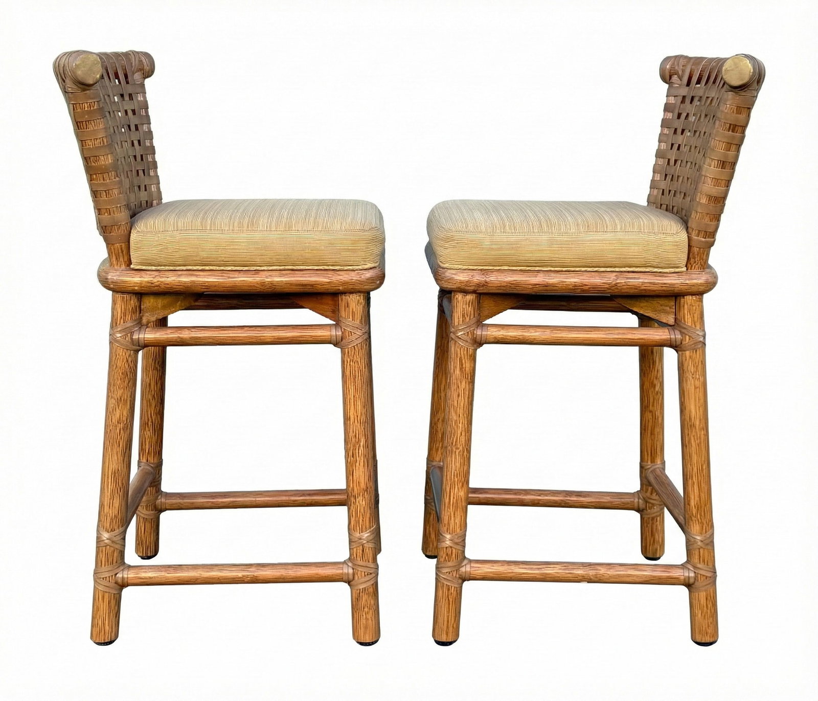 Pair of Vintage McGuire Woven Rattan and Rawhide Counter Height Bar Stools - 2