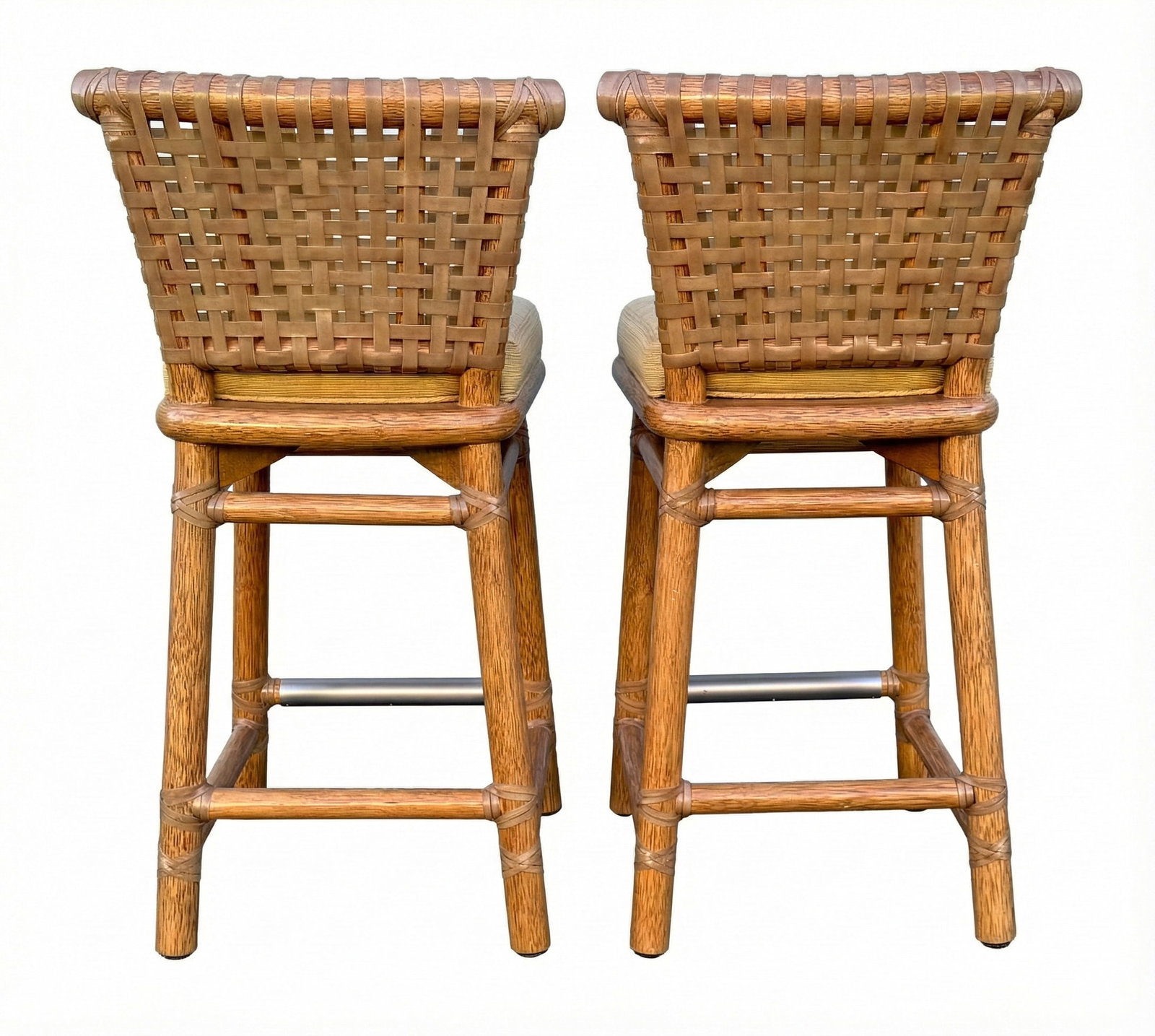 Pair of Vintage McGuire Woven Rattan and Rawhide Counter Height Bar Stools - 4