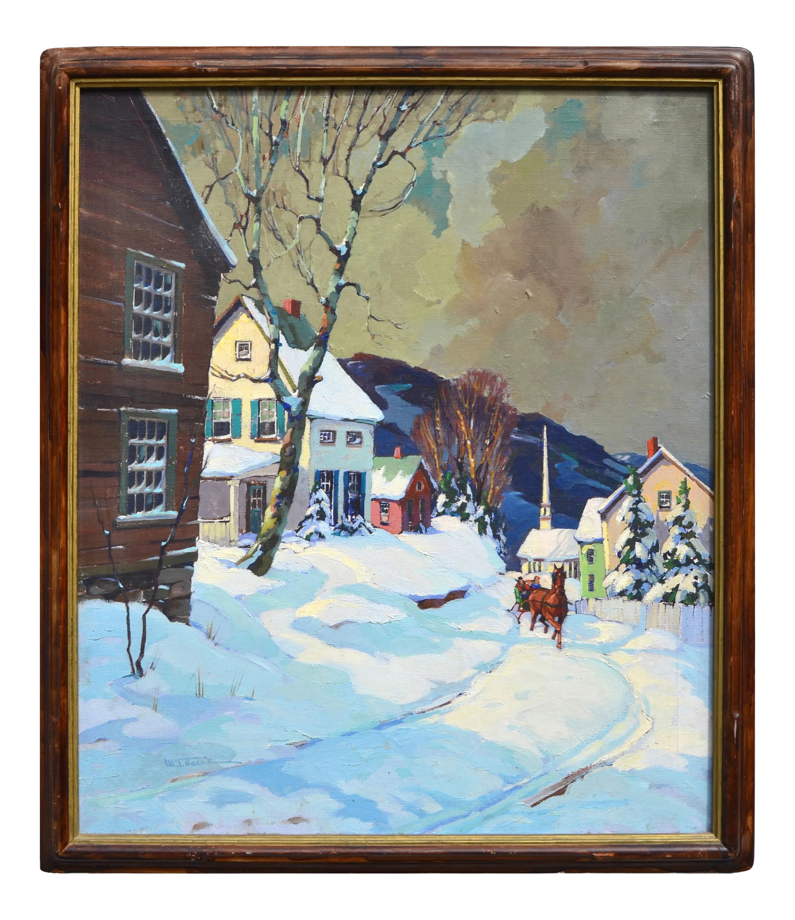 1940s "Village Sleigh Ride Stowe Vermont" Bucolic Village Scene Oil Painting by Walter T. Sacks, Fra: A bright, crisp morning and a sleigh ride through new snow "Stowe Vermont Village Sleigh Ride 1940" is the scene by Walter T. Sacks (American, 1901-1961) circa 1940. Signed lower left. Wood frame. Pai
