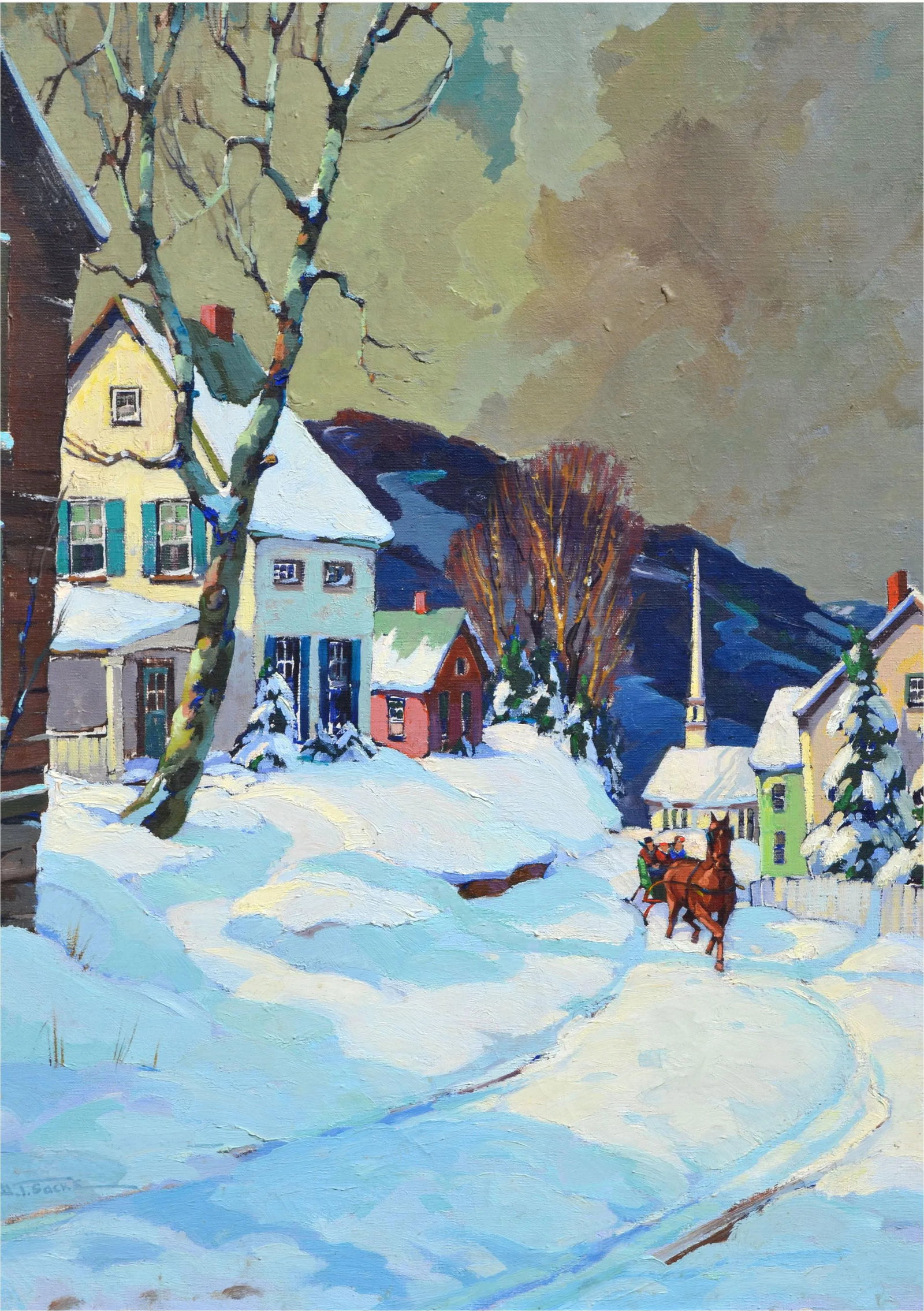 1940s "Village Sleigh Ride Stowe Vermont" Bucolic Village Scene Oil Painting by Walter T. Sacks, Fra - 2