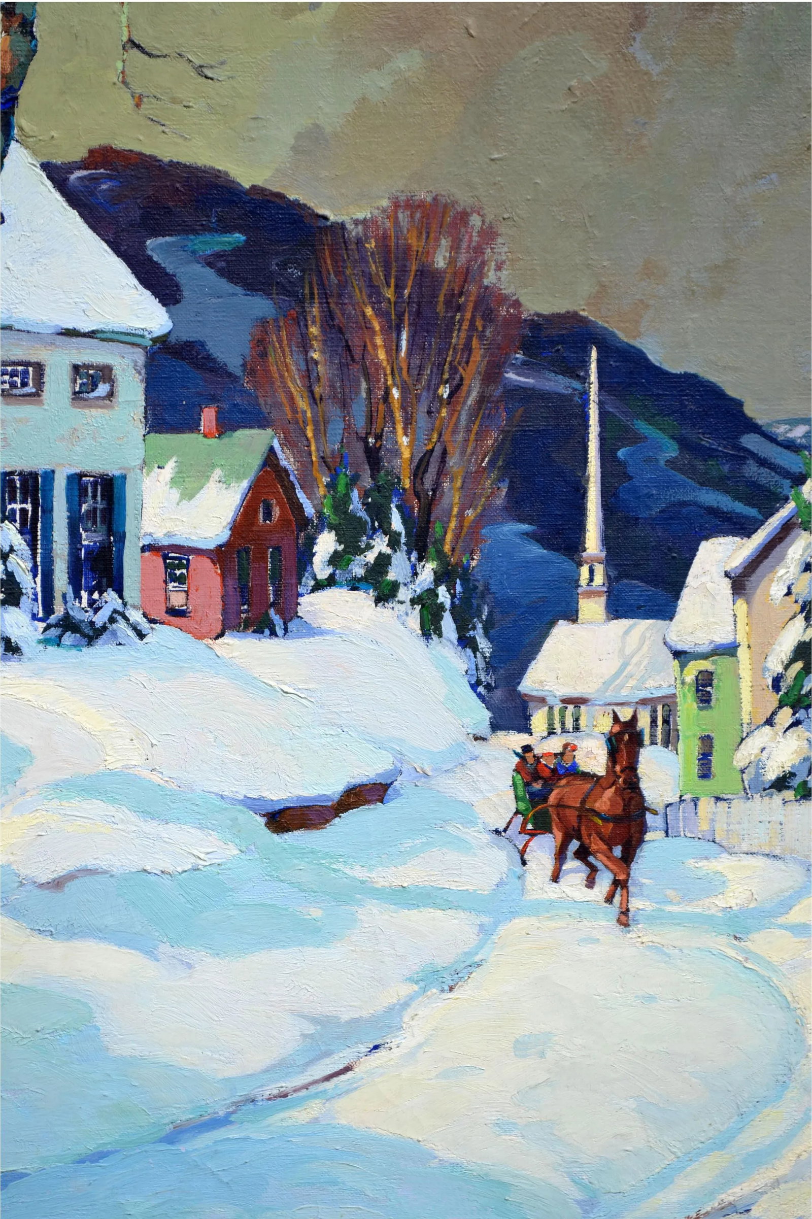 1940s "Village Sleigh Ride Stowe Vermont" Bucolic Village Scene Oil Painting by Walter T. Sacks, Fra - 3