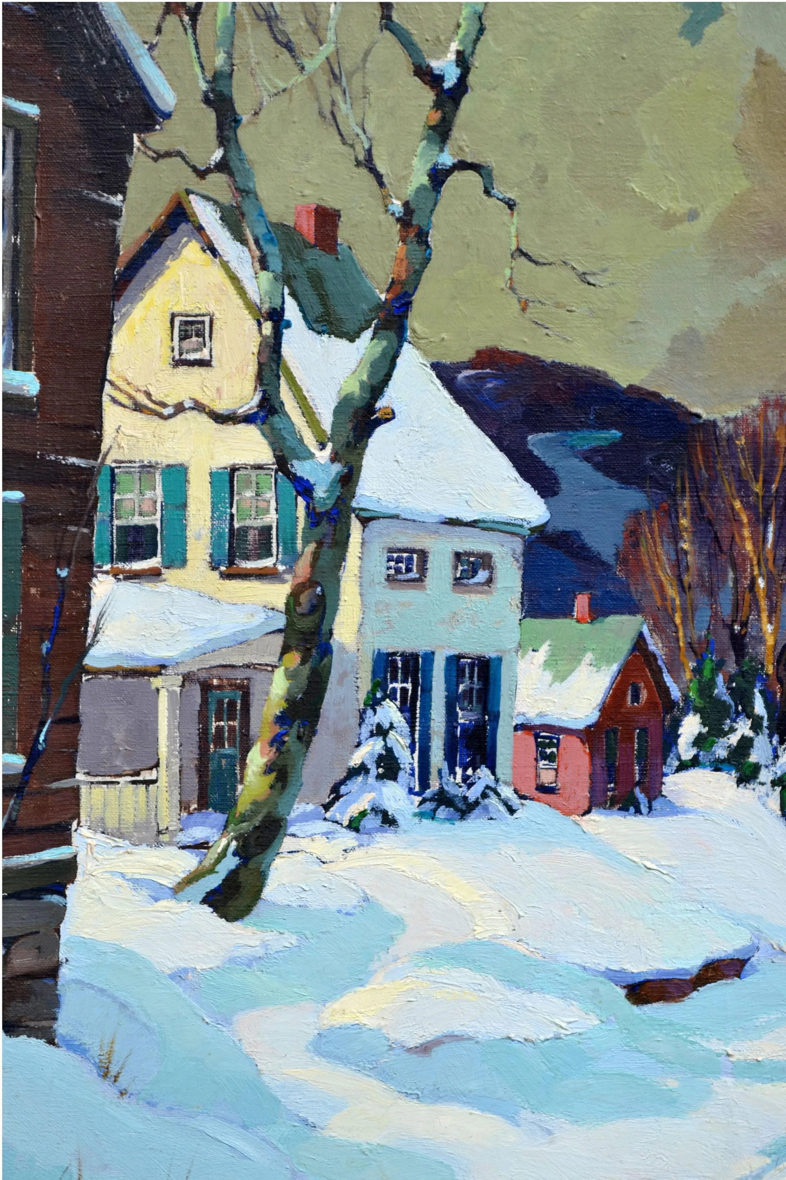 1940s "Village Sleigh Ride Stowe Vermont" Bucolic Village Scene Oil Painting by Walter T. Sacks, Fra - 4