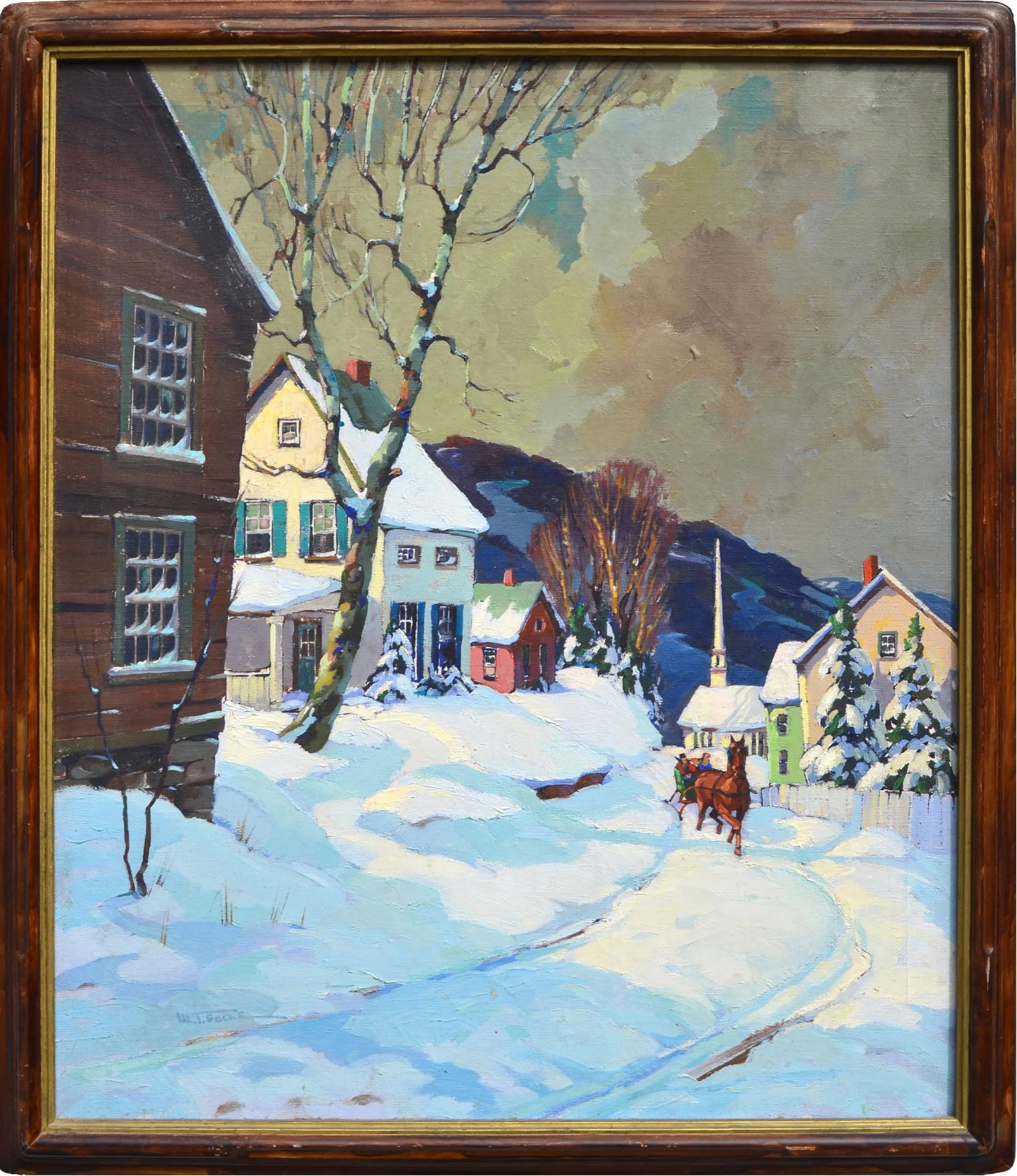 1940s "Village Sleigh Ride Stowe Vermont" Bucolic Village Scene Oil Painting by Walter T. Sacks, Fra - 6