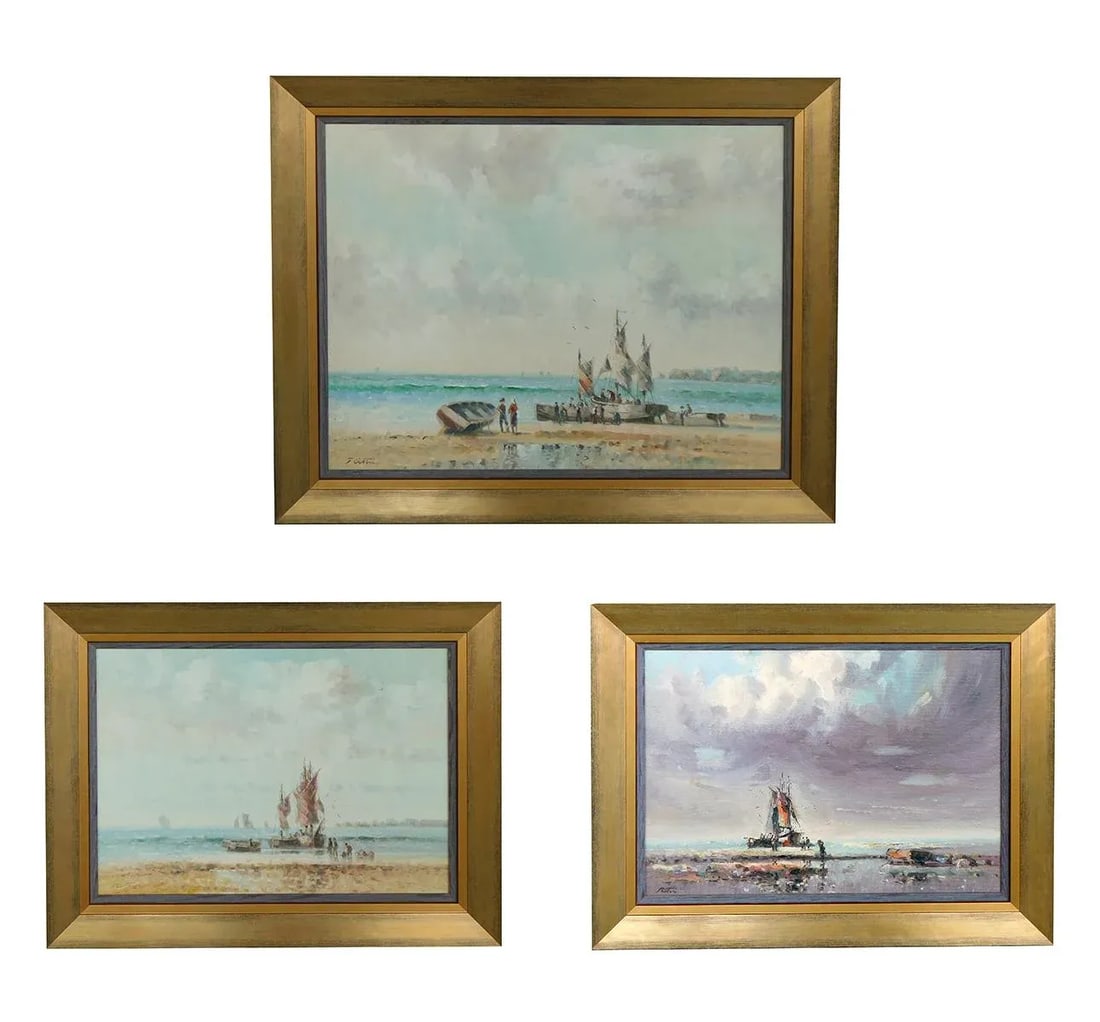 1970s English Beach Scene Oil Paintings by Laszlo Ritter, Framed - Set of 3 - 10