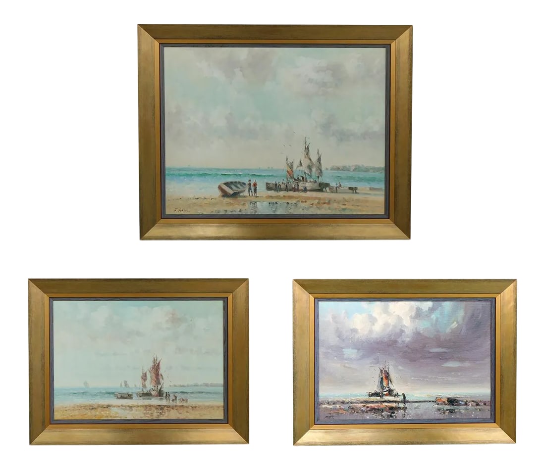 1970s English Beach Scene Oil Paintings by Laszlo Ritter, Framed - Set of 3: each painted with joyous spontaneity successfully mixing the dreamlike and the realistic featuring three beach scenes with dramatic skies and figures scurrying around beached boats; signed 'Ritter'