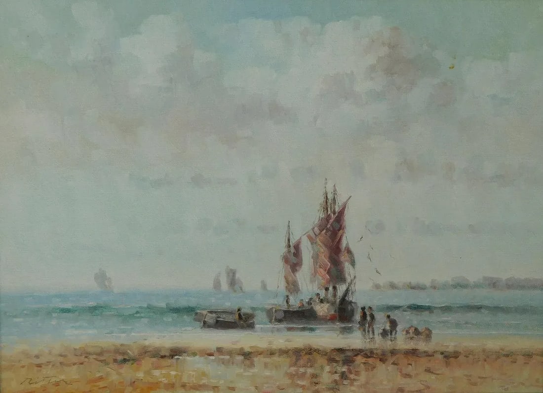1970s English Beach Scene Oil Paintings by Laszlo Ritter, Framed - Set of 3 - 4