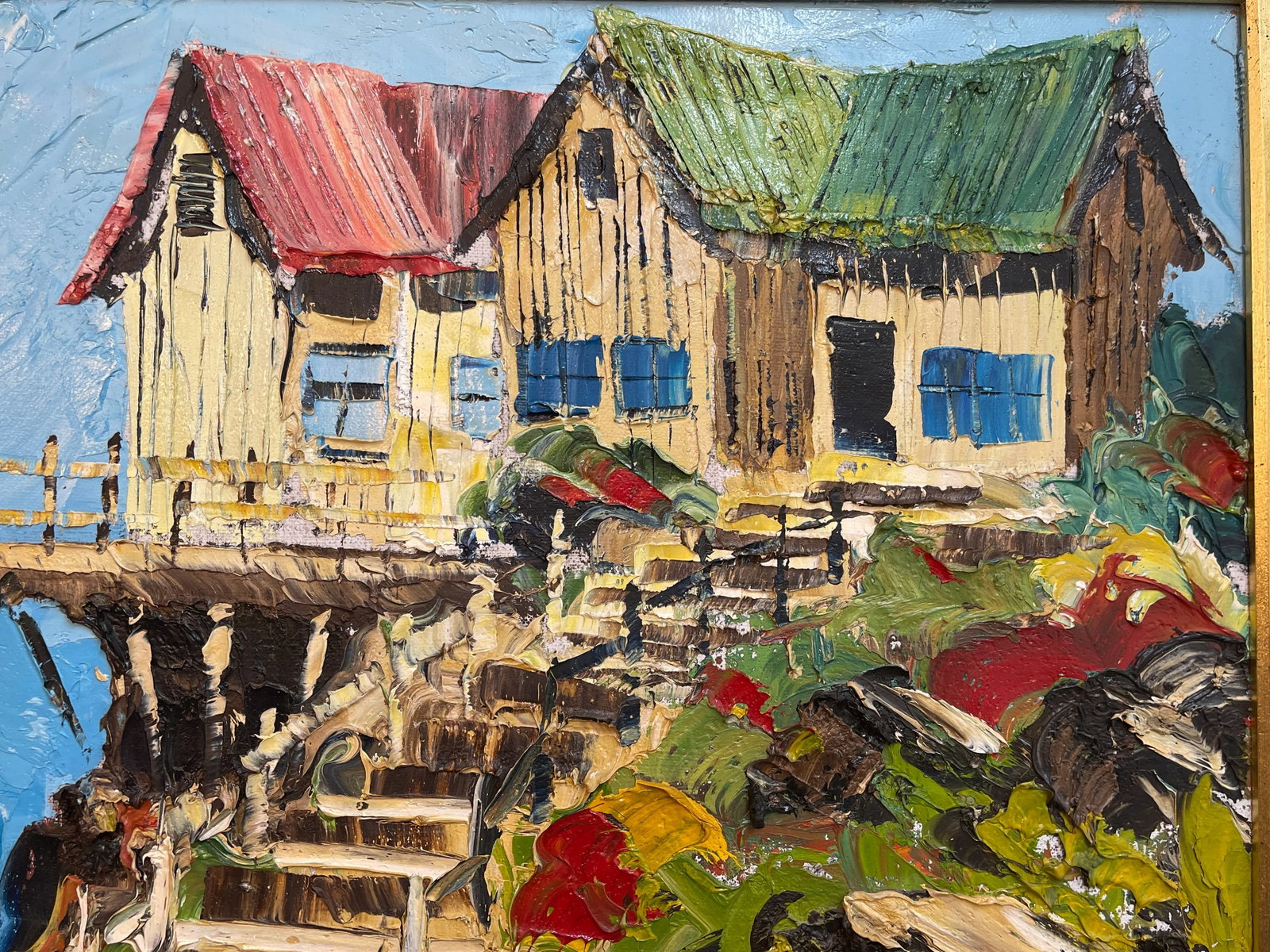 Vintage Colorful Private Beach House Painting - 5