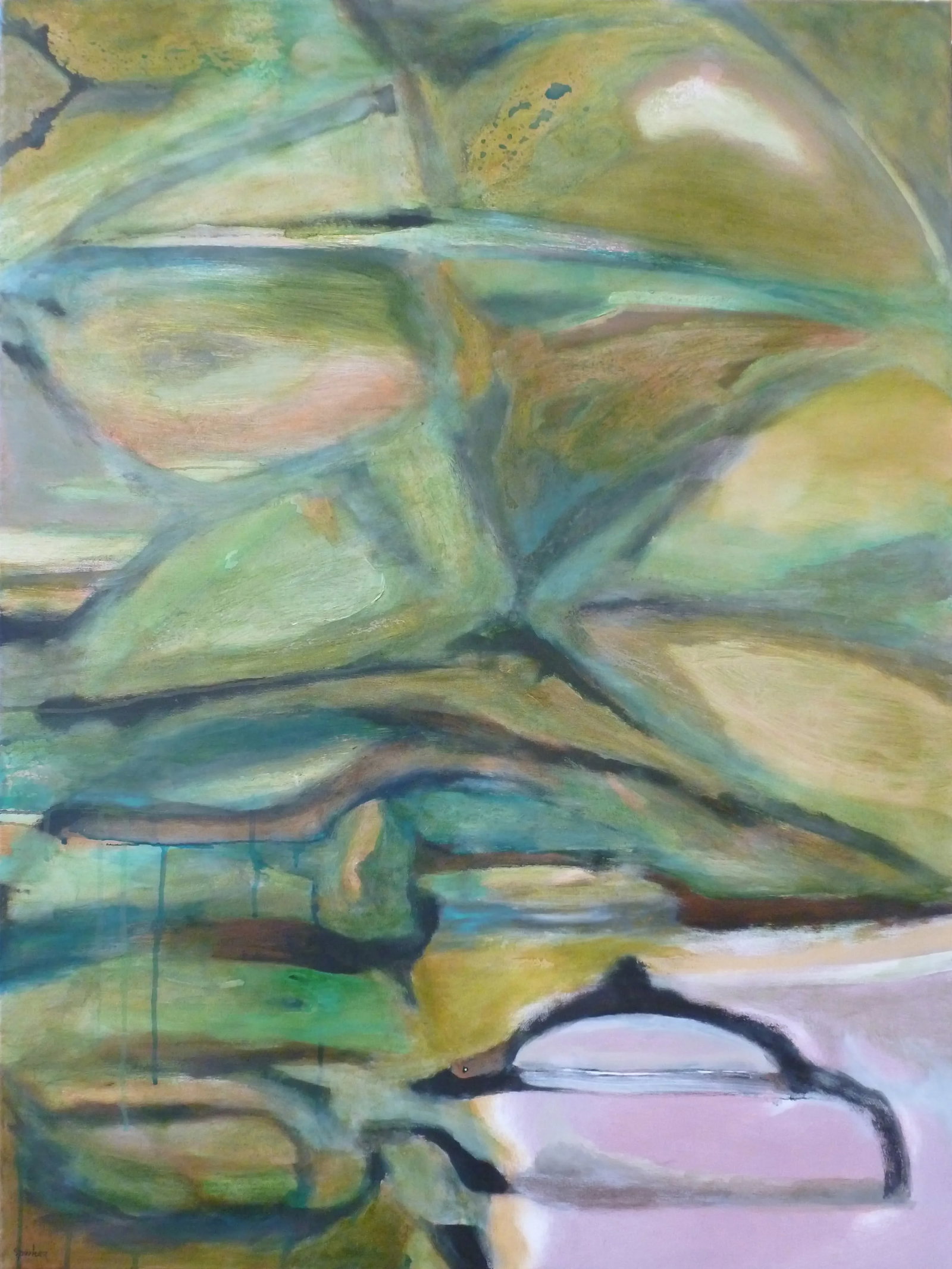 "Duck Pond" Contemporary Organic Modern Abstract Oil and Acrylic Painting by Scott Spencer: The pond is pink and the duck is large. Original oil and acrylic painting on stretched canvas. Condition: Imperfections: No Imperfections Origin: United States Materials & Techniques: Acrylic