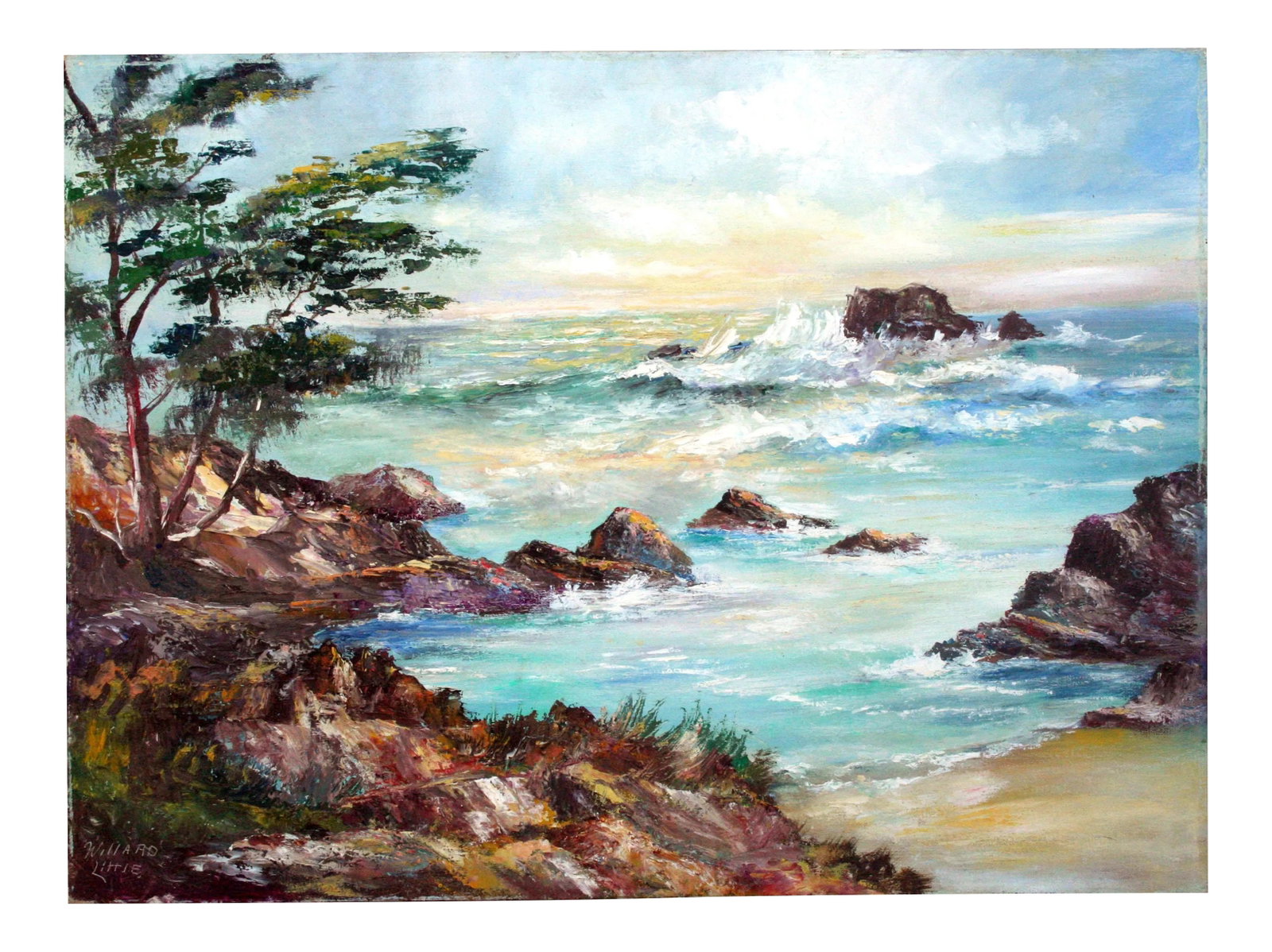 Mid 20th Century "Big Sur" Rocky Seascape Oil Painting by Willard Little: Dynamic seascape along rocky Big Sur beach with surf by Willard Little (American, 20th century), circa 1940. Aqua blue water, both shallow and deep, reflects the golden sunlight. Areas of textured pai