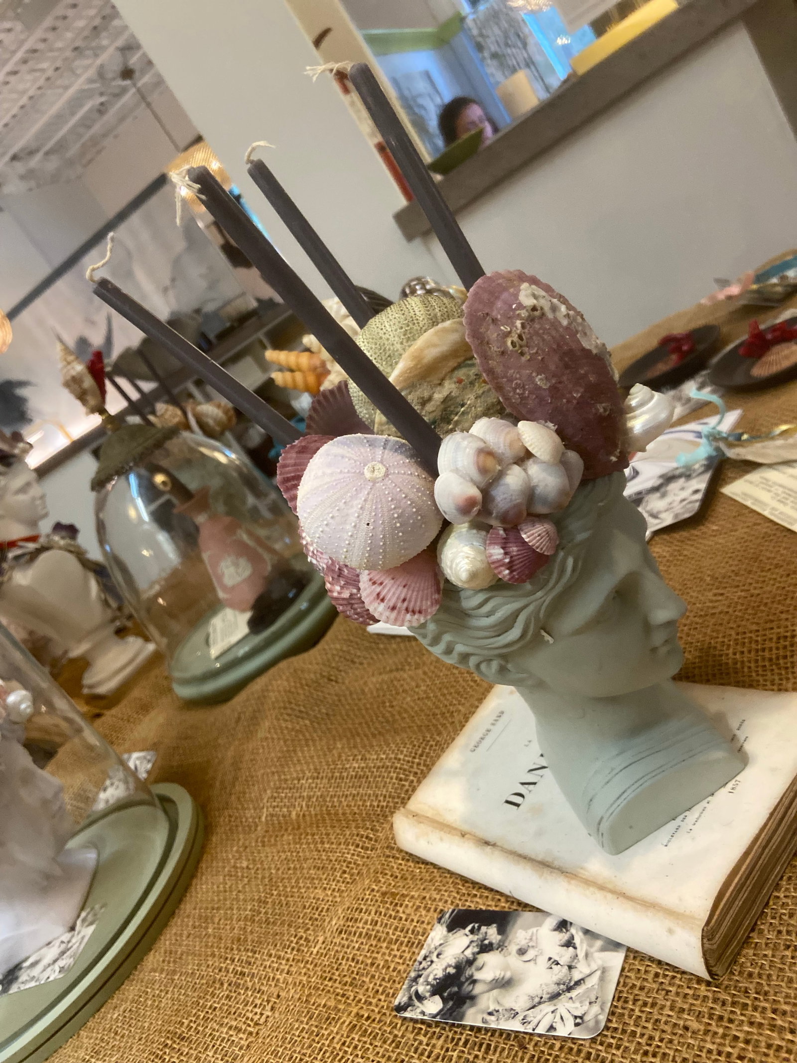 Shell-Encrusted Bust in Farrow & Ball "Blue Gray" With Candle Holders - 10