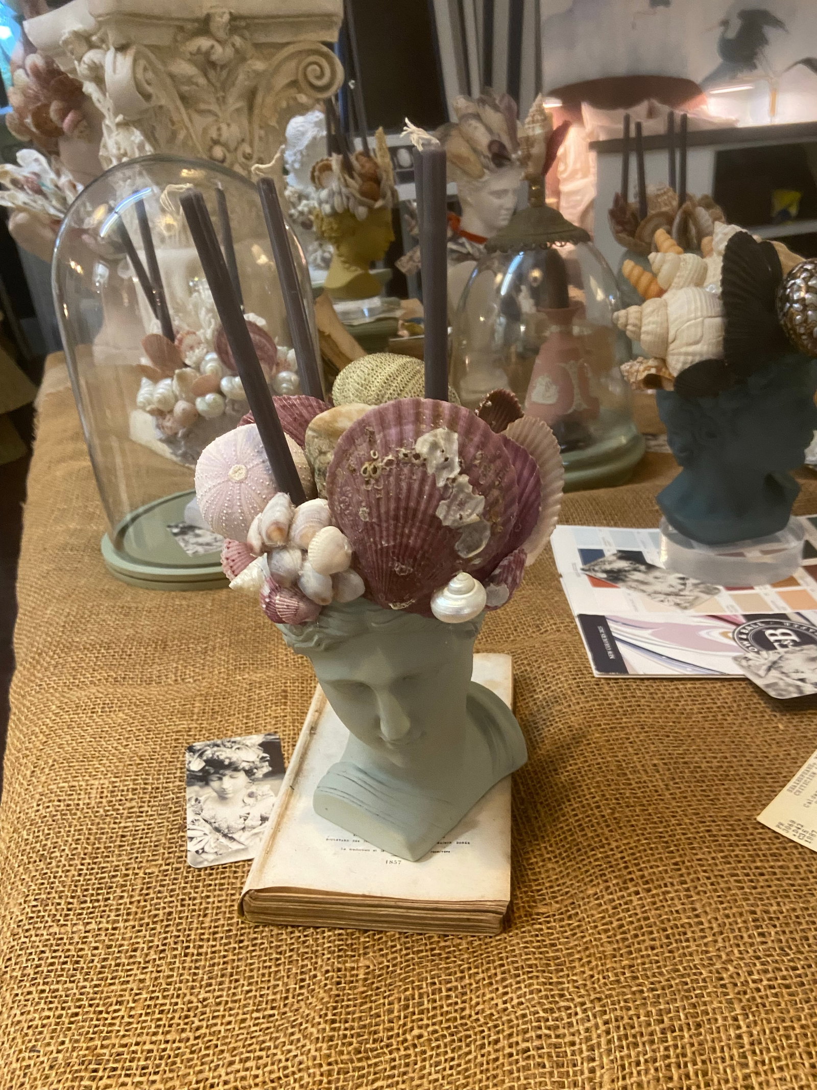 Shell-Encrusted Bust in Farrow & Ball "Blue Gray" With Candle Holders - 11