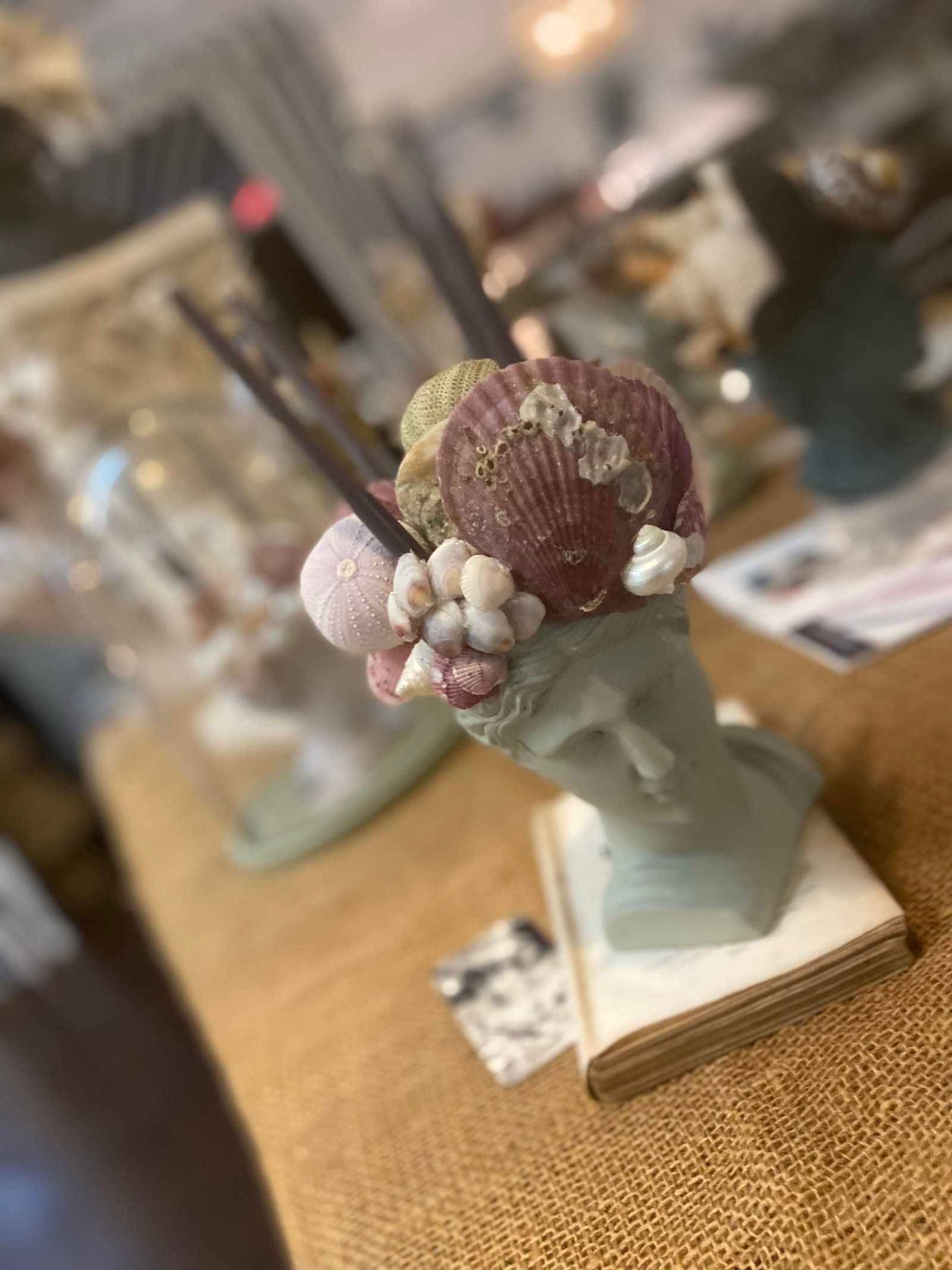 Shell-Encrusted Bust in Farrow & Ball "Blue Gray" With Candle Holders - 12