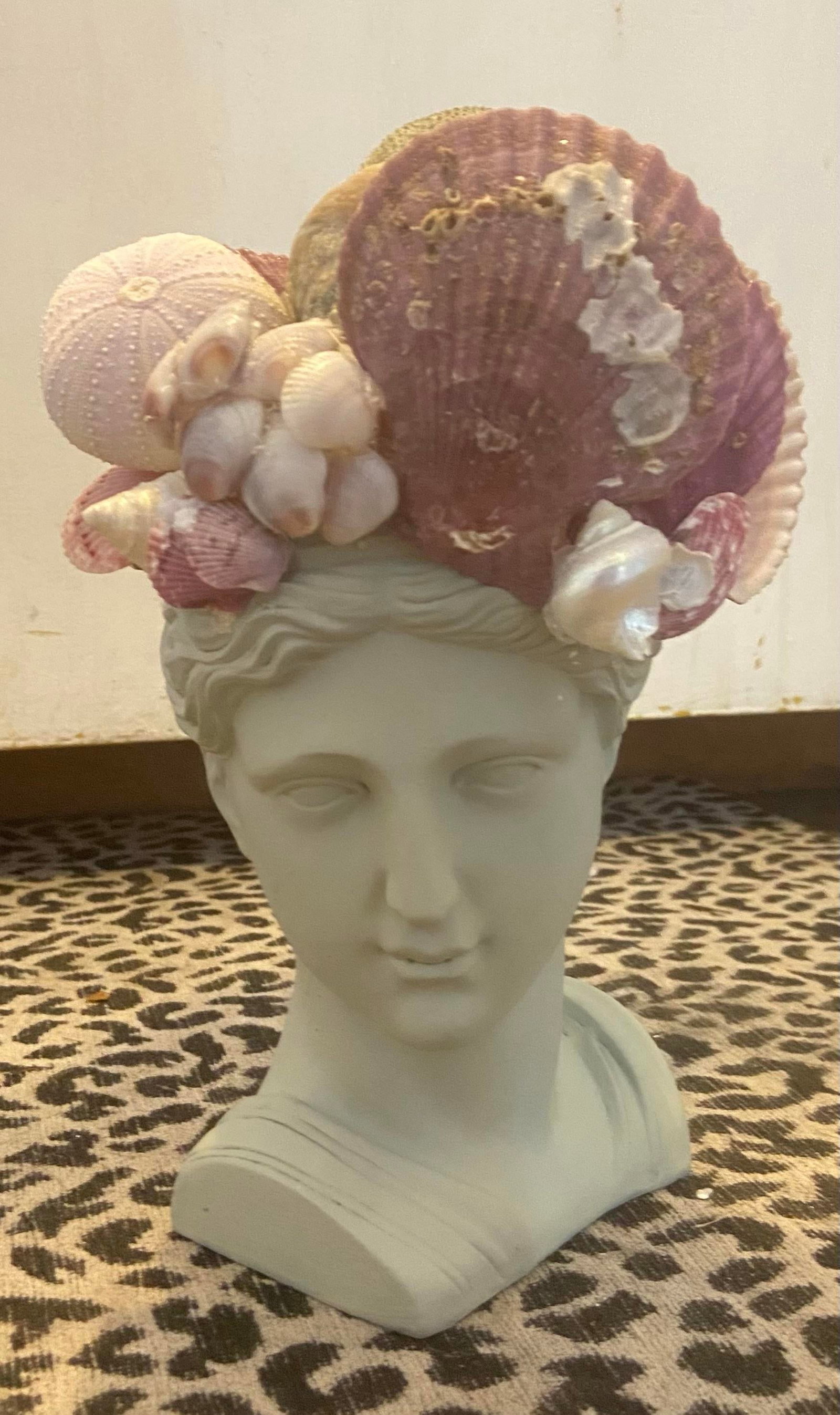 Shell-Encrusted Bust in Farrow & Ball "Blue Gray" With Candle Holders - 2
