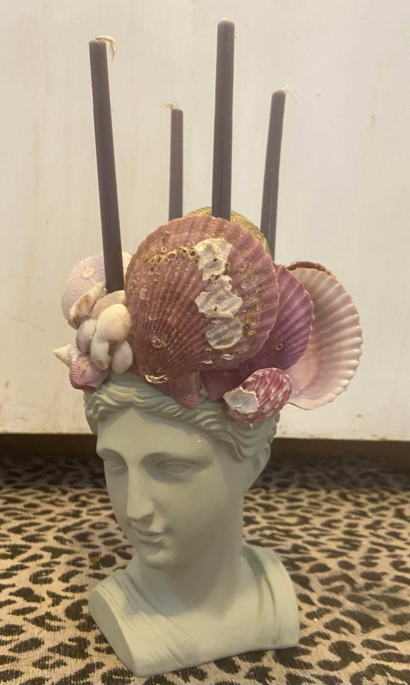Shell-Encrusted Bust in Farrow & Ball "Blue Gray" With Candle Holders - 4