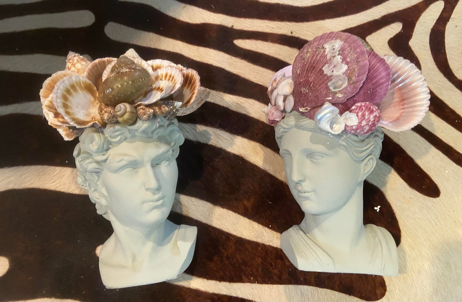 Shell-Encrusted Bust in Farrow & Ball "Blue Gray" With Candle Holders - 5