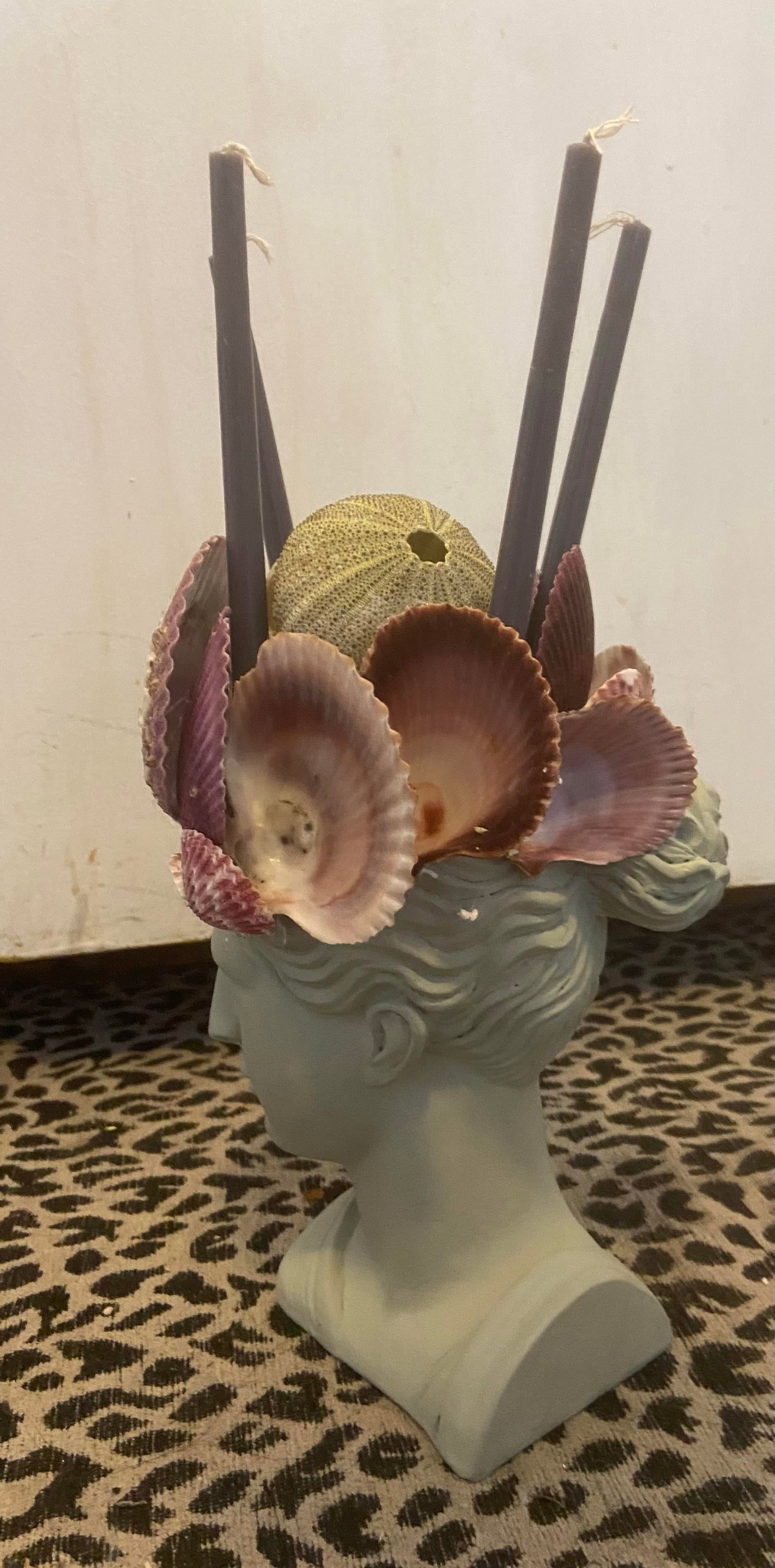 Shell-Encrusted Bust in Farrow & Ball "Blue Gray" With Candle Holders - 6